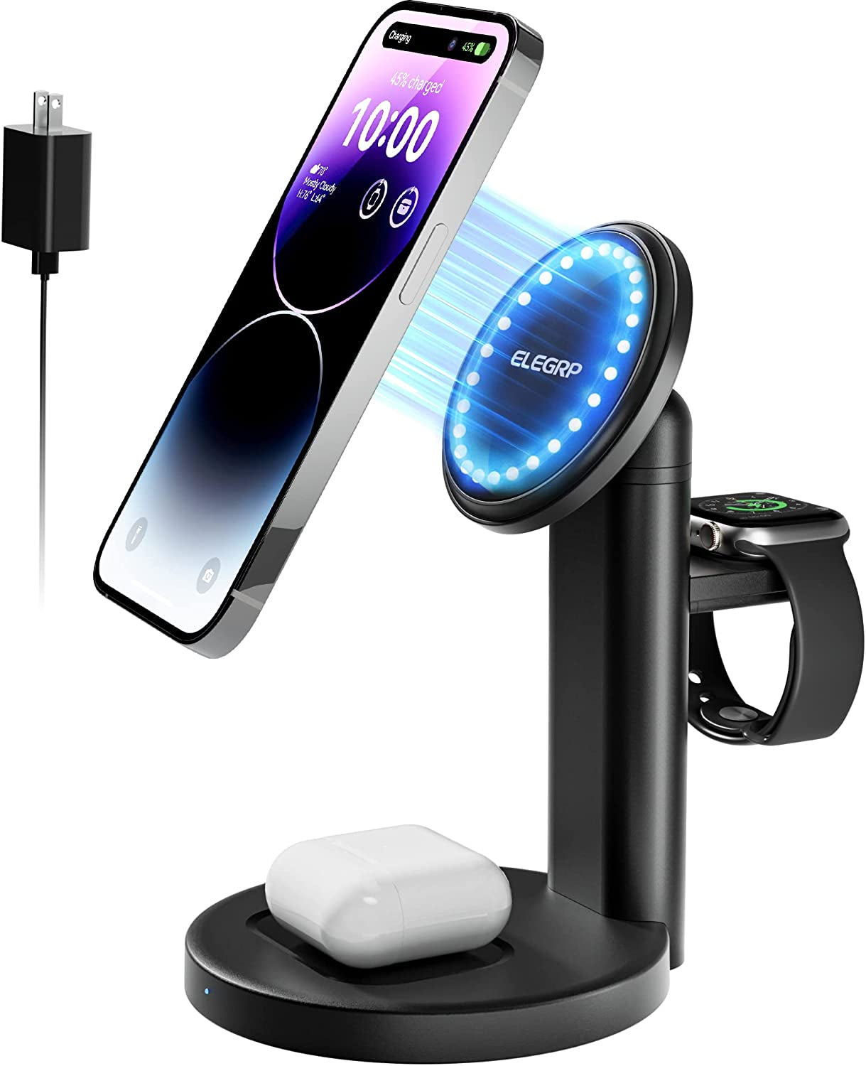 ELEGRP Magnetic Wireless Charger Station, Magesafe Charger 3 in 1 with 18W Adapter, for Iphone 14 (Plus/Pro/Pro Max), Iphone 13/12 (Mini/Pro/Pro Max), Iwatch, Airpods/Samsung Earbuds (White)  ELEGRP Black  