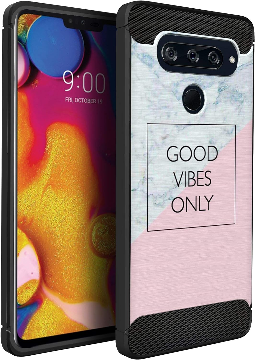 Casesondeck Case Compatible with [LG V40 Thinq] Soft TPU Bumper Cover Carbon Fiber Texture Flexible (Flowers)  CasesonDeck Good Vibes Only  