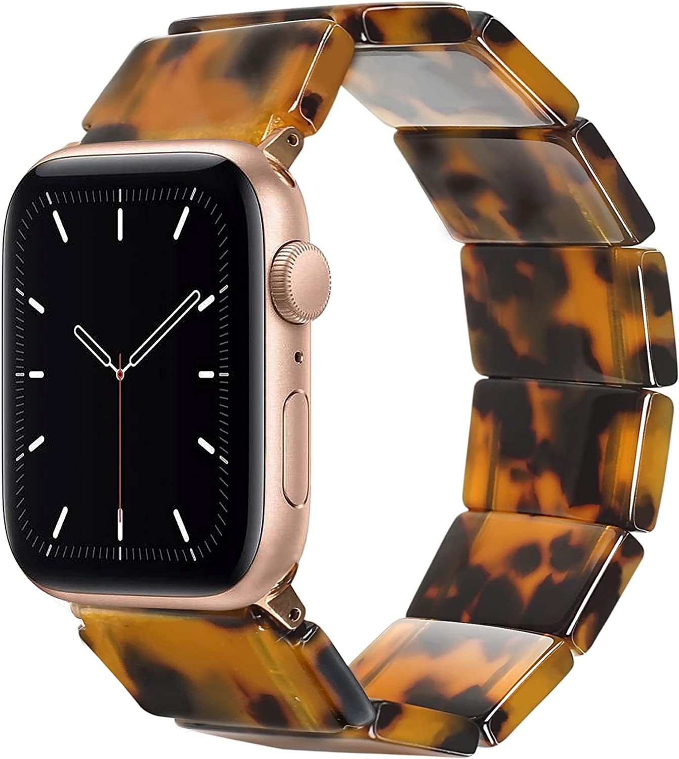 Heesch Upgraded Stretchy Resin Watch Band Compatible with Apple Watch for Women, Men, Tortoise Shell Fashion Watch Strap Bracelet Wristband Jewelry for Iwatch Series Ultra/Se/8/7/6/5/4/3/2/1, 38/40/41Mm, 42/44/45/49Mm, Rectangle Version  Heesch Brown Tortoise 42/44/45/49mm-S: 5.5''-6.2'' 