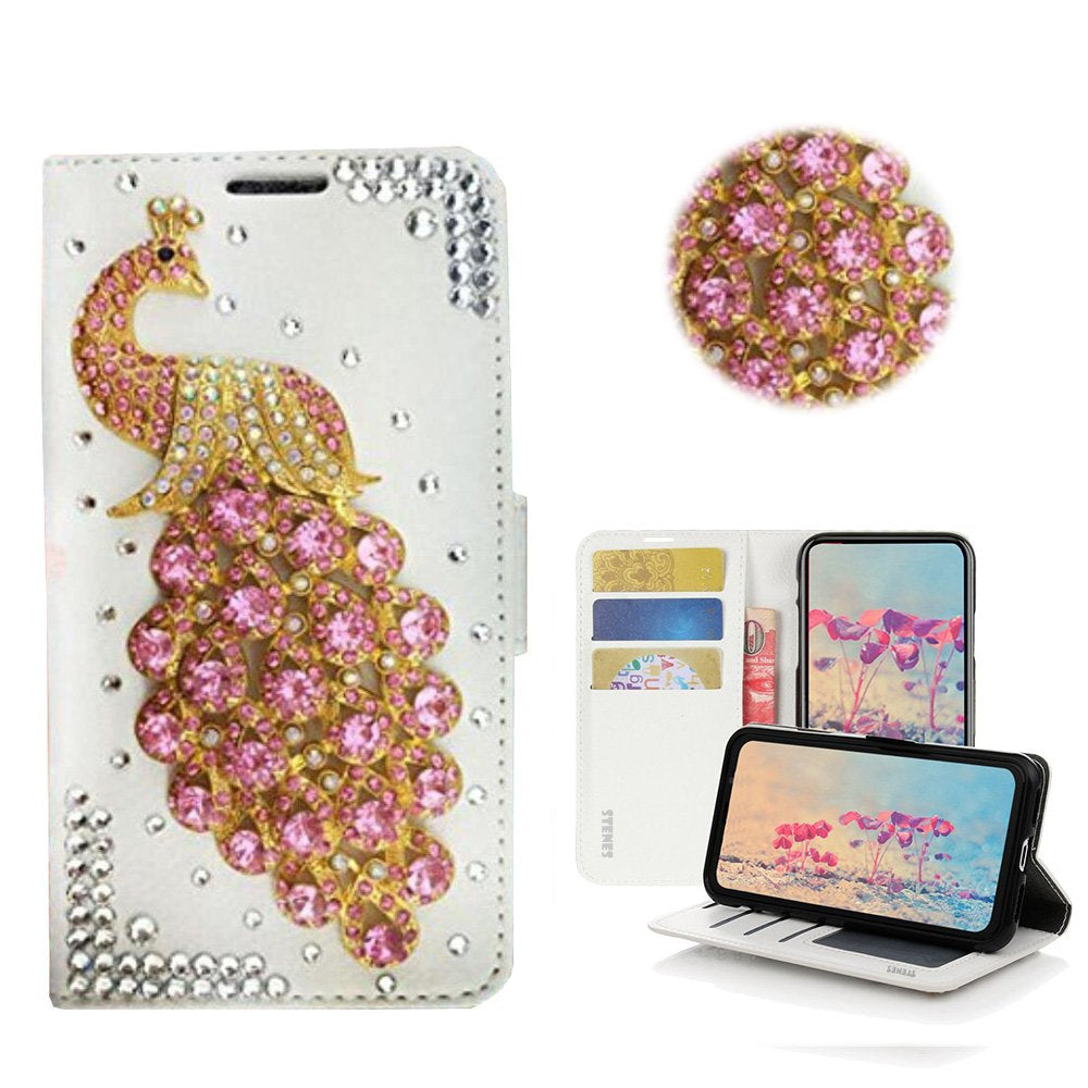 STENES Bling Case Compatible with LG G8 Thinq - STYLISH - 3D Handmade Crystal Peacock Design Magnetic Wallet Leather Cover Compatible with LG G8 Thinq - Multicolor  STENES Peacock / Pink Design For Lg G8 Thinq 