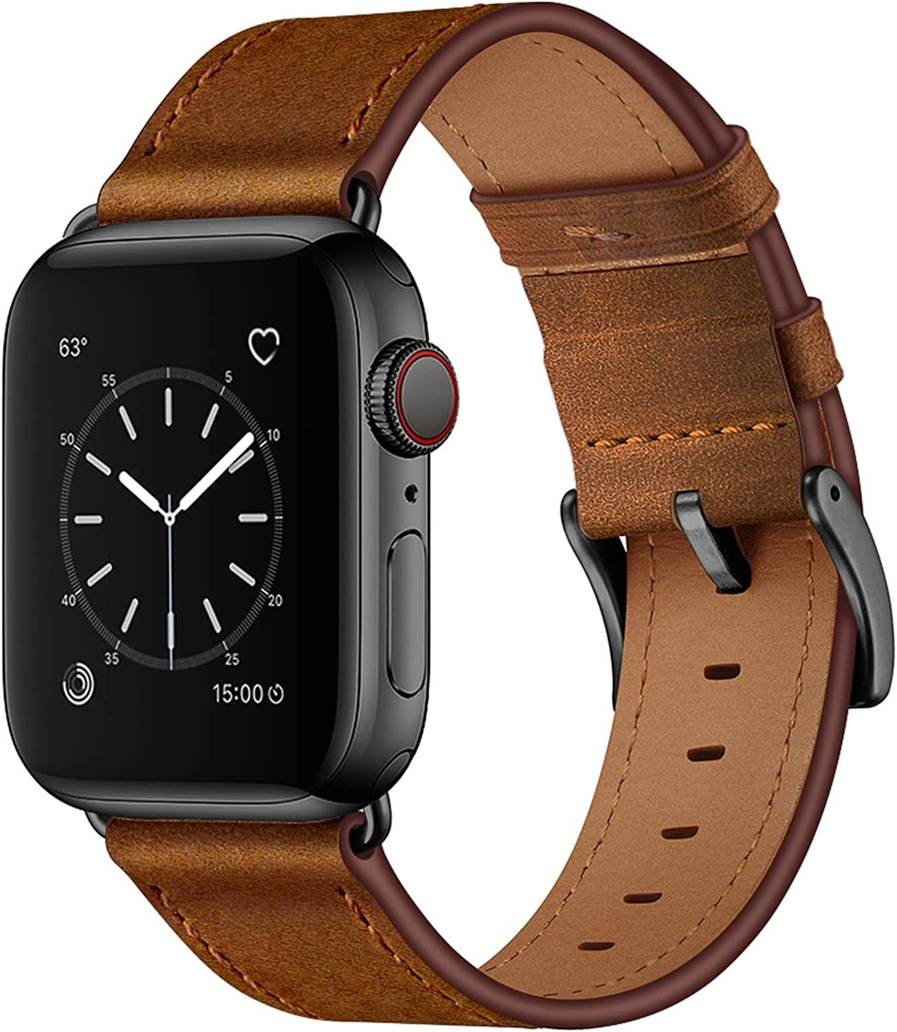 OUHENG Compatible with Apple Watch 49Mm 45Mm 44Mm 42Mm, Genuine Leather Band Replacement Strap Compatible with Apple Watch Ultra Series 8/7/6/5/4/3/2/1/SE2/SE, Black Band with Black Adapter  OUHENG Retro Brown/Black 49mm/45mm/44mm/42mm 