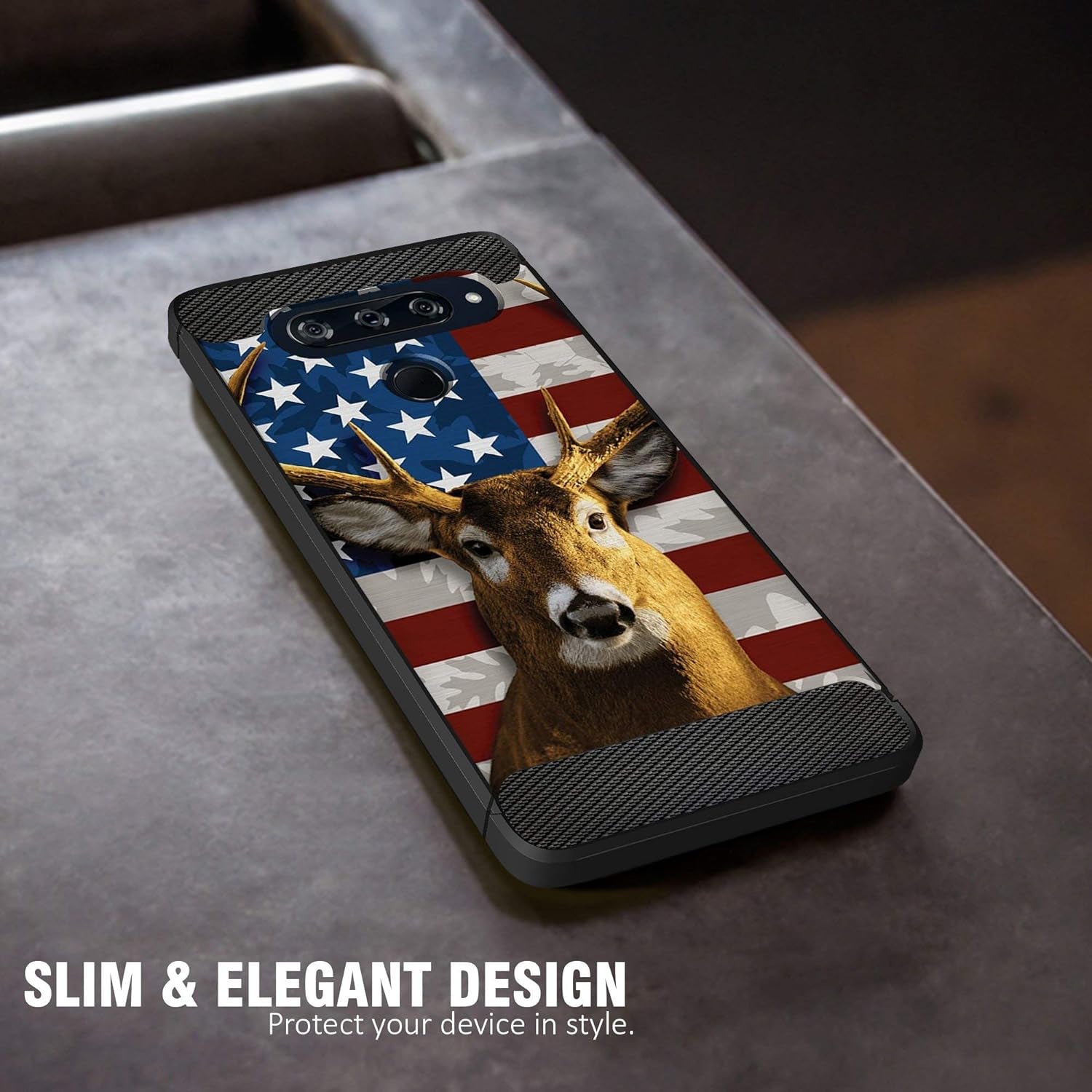 Casesondeck Flag Case Compatible with [LG G8 Thinq] Hunters Series Slim No Bulk Carbon Fiber Texture Black Flexible TPU Material (Deer Flag)  CasesonDeck   