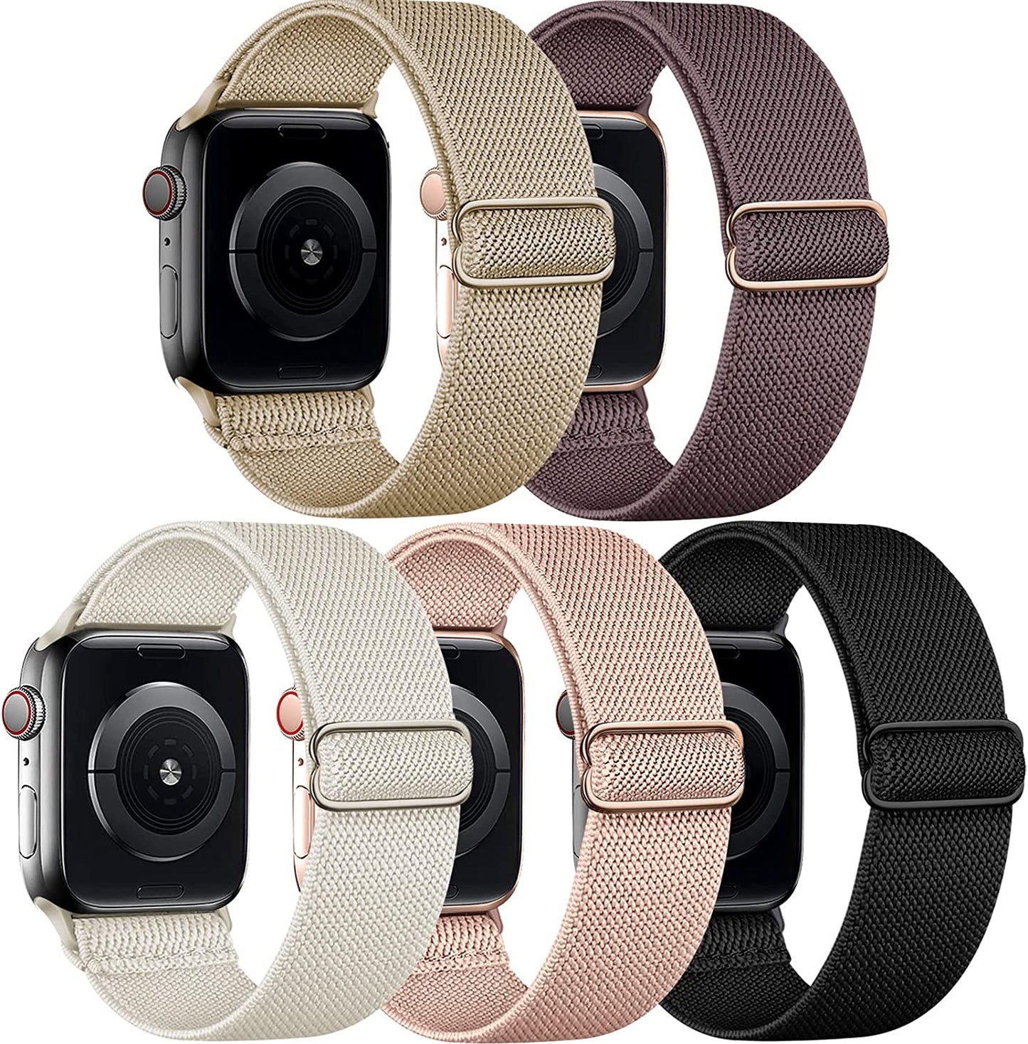 Cangroo 5 Pack Stretchy Nylon Bands Compatible with Apple Watch Band 38Mm 40Mm 41Mm 42Mm 44Mm 45Mm 49Mm for Women Men, Elastic Solo Loop Braided Wristbands for Iwatch SE Ultra Series 8 7 6 5 4 3 2 1  Cangroo Milk Tea/Smoke Violet/Starlight/Pink Sand/Black 42mm/44mm/45mm/49mm 