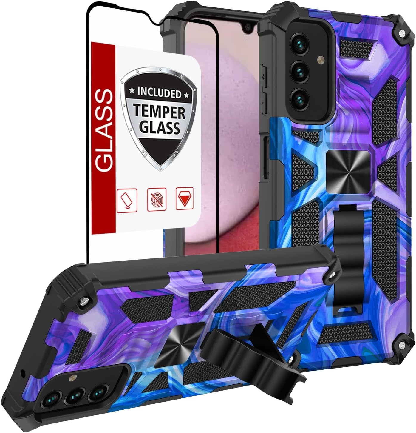 Cover for Galaxy A54 5G Case,Samsung A54 5G Case W/Tempered Glass Screen Protector(Full Coverage) Dual Layer Shockproof [Military-Grade][Built-In Kickstand] Protective Cover for Man White Black Camo  YOOBSTAR T Stand Blue Purple Color  