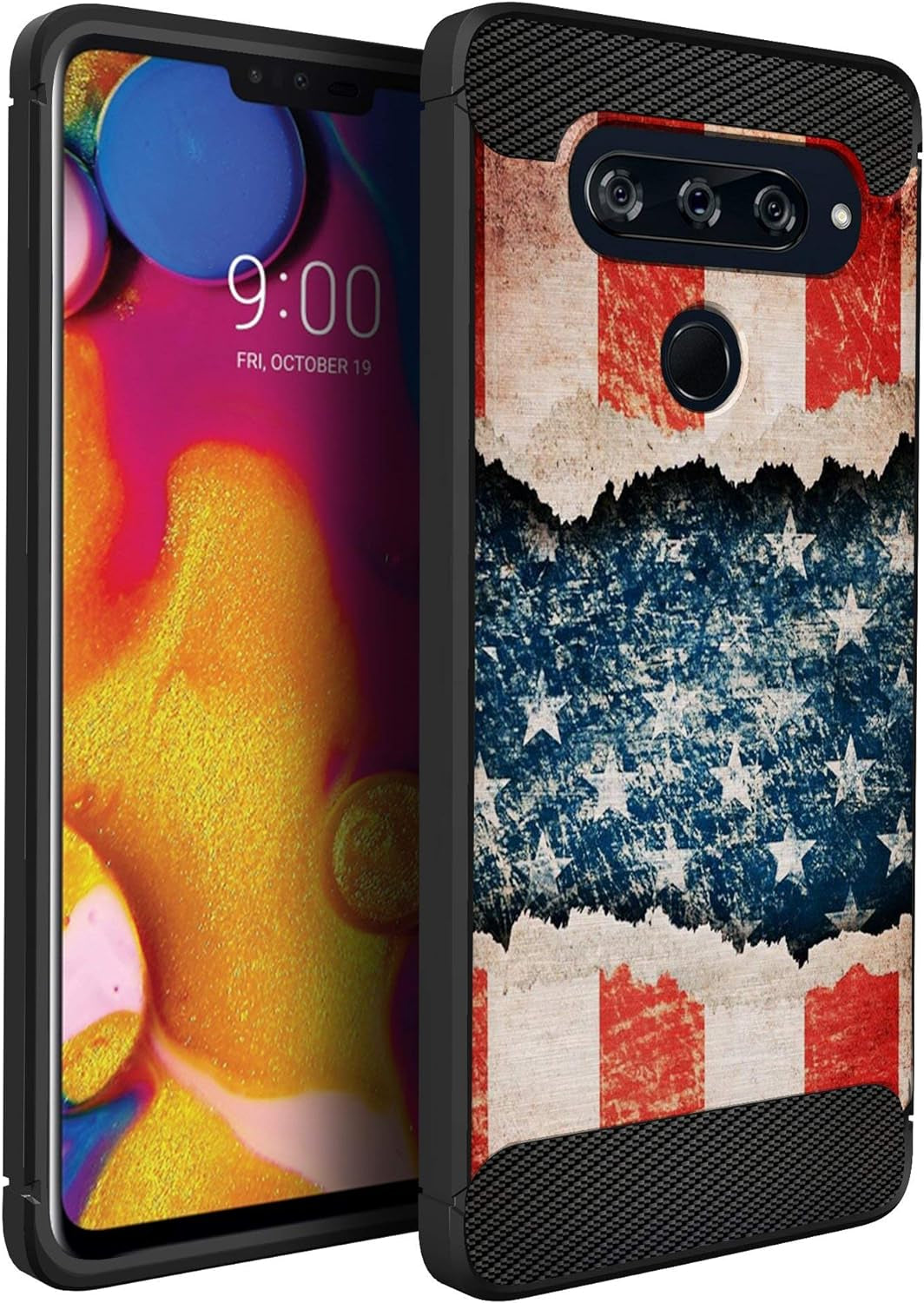 Casesondeck Slim Case Compatible with [LG V40 Thinq] Thin Scratch Preventing TPU, Matte Finish Carbon Fiber Texture Edges (Flower Skull)  CasesonDeck Usa Flag  