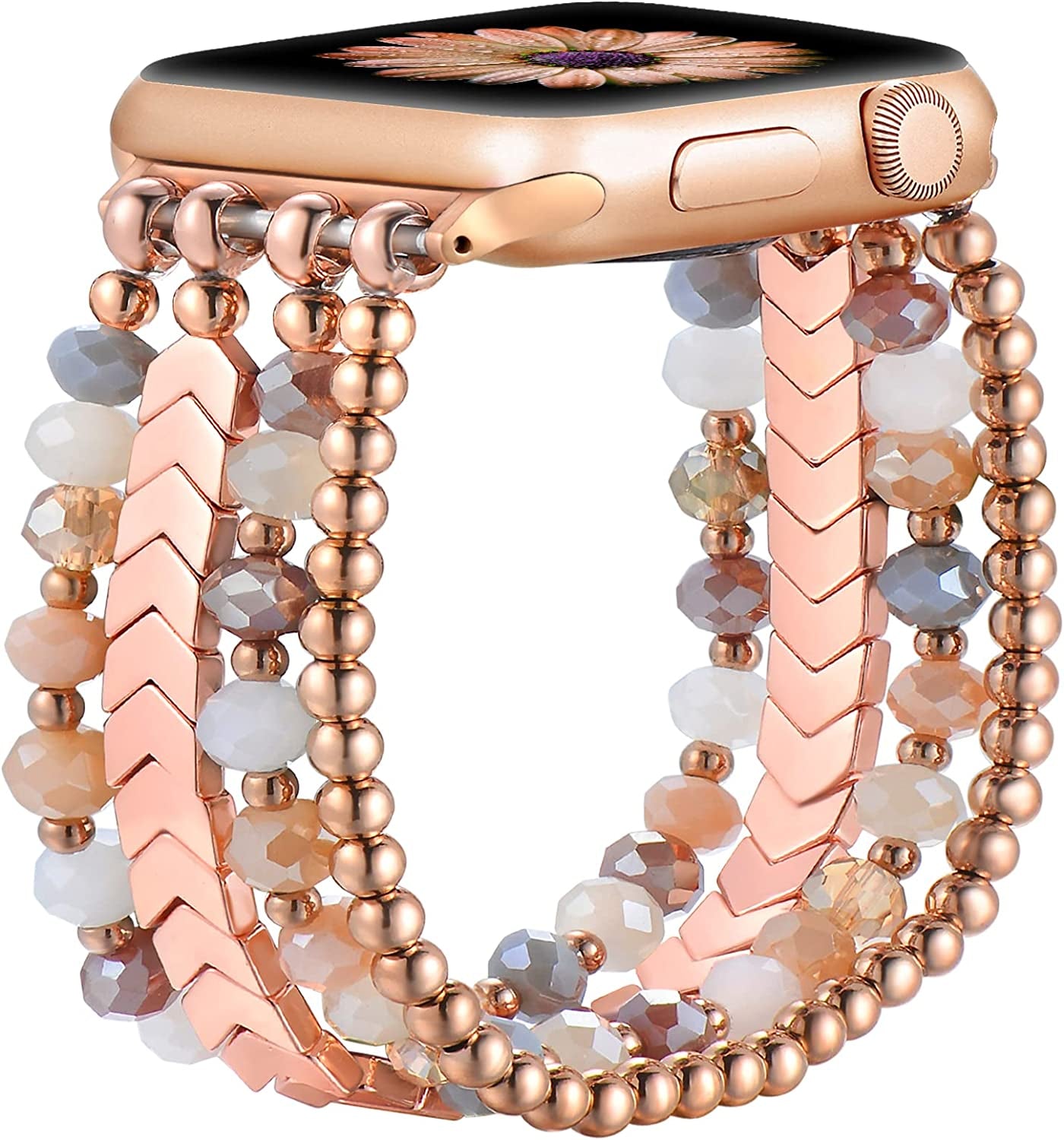 Fastgo Bracelet Band Beaded Compatible with Apple Watch 38Mm 40Mm 41Mm 42Mm 44Mm 45Mm 49Mm Women, Fashion Elastic Stretch Strap Bands for Iwatch SE &Series Ultra 8 7 6 5 4 3 2 1(Black/Sliver/Grey,S/M)  fastgo Rose Gold/Gold/Colorful 38mm/40mm/41mm-M/L(6.1”-6.9”) 