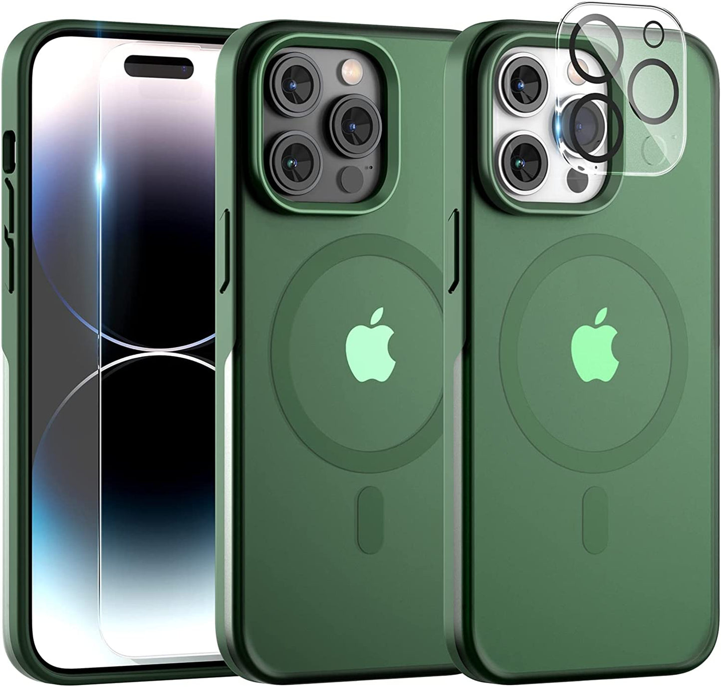 TAURI [5 in 1 Magnetic for Iphone 14 Case [Compatible with Magsafe] with 2 Screen Protector +2 Camera Lens Protector, [Military Grade Drop Protection] Translucent Matte Slim Case 6.1 Inch, Black  TAURI Green iPhone 14 Pro 