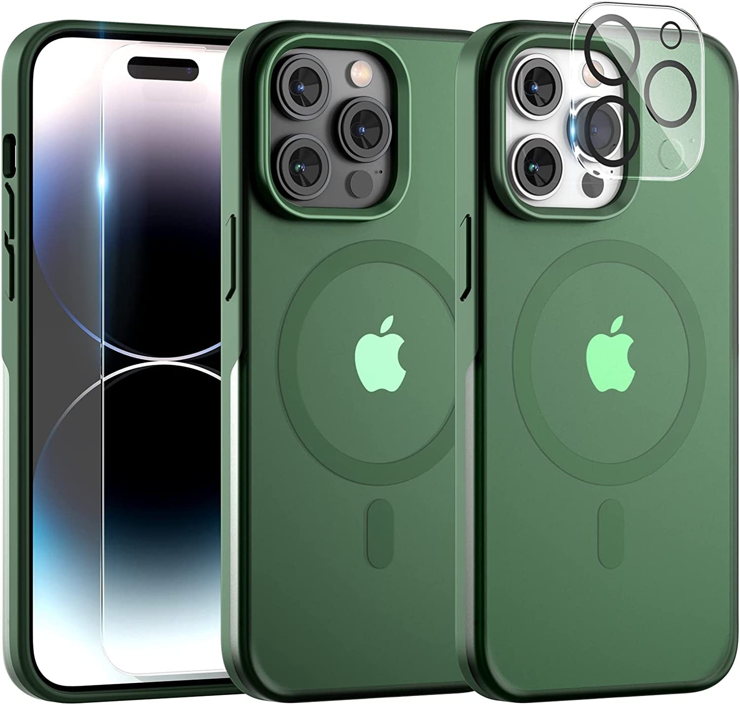 TAURI [5 in 1 Magnetic for Iphone 14 Case [Compatible with Magsafe] with 2 Screen Protector +2 Camera Lens Protector, [Military Grade Drop Protection] Translucent Matte Slim Case 6.1 Inch, Black  TAURI Green iPhone 14 Pro 