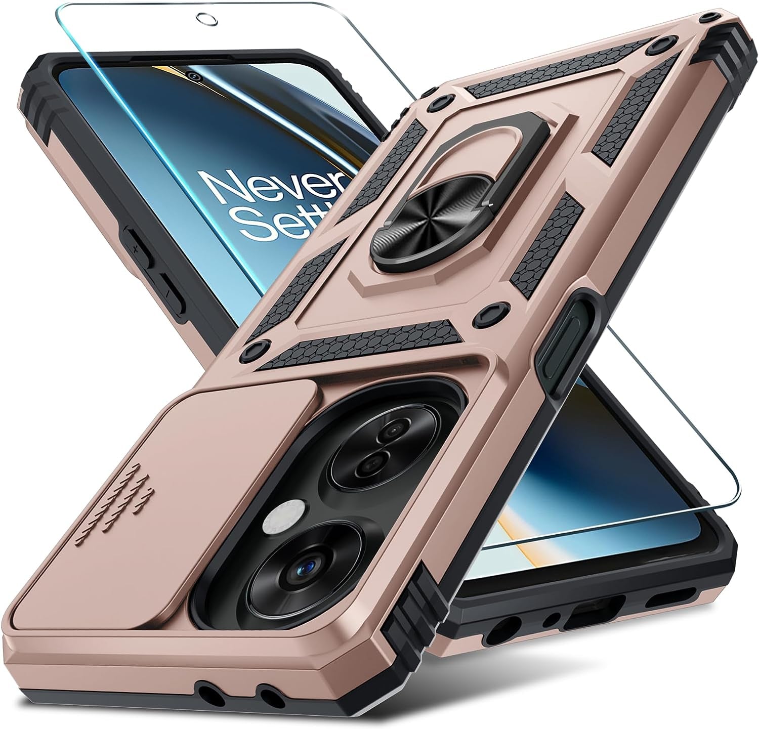 Janmitta Oneplus Nord N30 5G Case Built in Slide Camera Lens Cover+Screen Protector+Finger Ring Holder Kickstand,Heavy Duty Shockproof Full Body Protective Phone Cover,2023 Rose Gold  Janmitta   