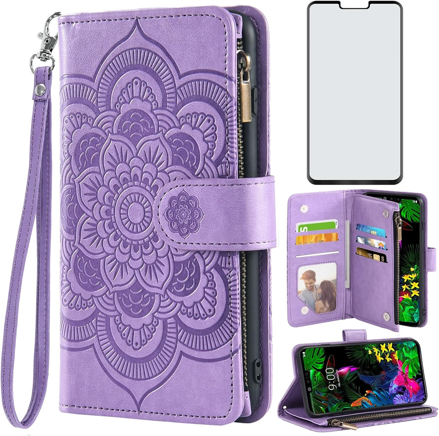 Asuwish Compatible with LG G8 Thinq Wallet Case and Tempered Glass Screen Protector Flower Leather Flip Card Holder Stand Cell Phone Cover for LGG8 Thin Q G 8 LG8 G8Thinq Lgg8Thinq 8G Women Men Blue  Asuwish Purple For Lg G8 Thinq / G8 