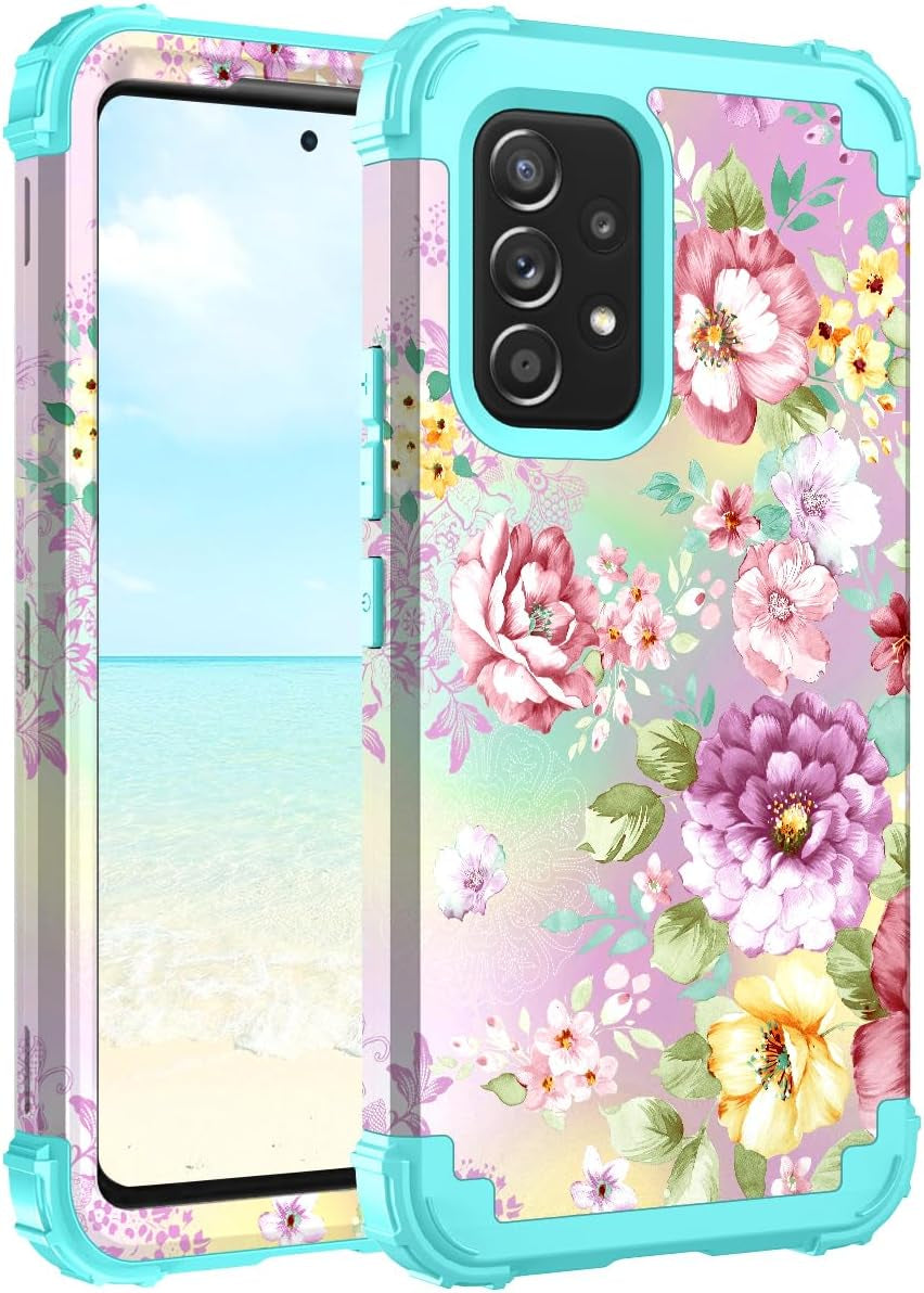 Hocase for Galaxy A53 5G Case, Heavy Duty Shockproof Protection Soft Silicone Rubber Bumper+Hard Plastic Hybrid Protective Case for Samsung Galaxy A53 5G (6.5" Display) 2022 - Blue Purple Marble  Hocase Purple Florals/Teal  