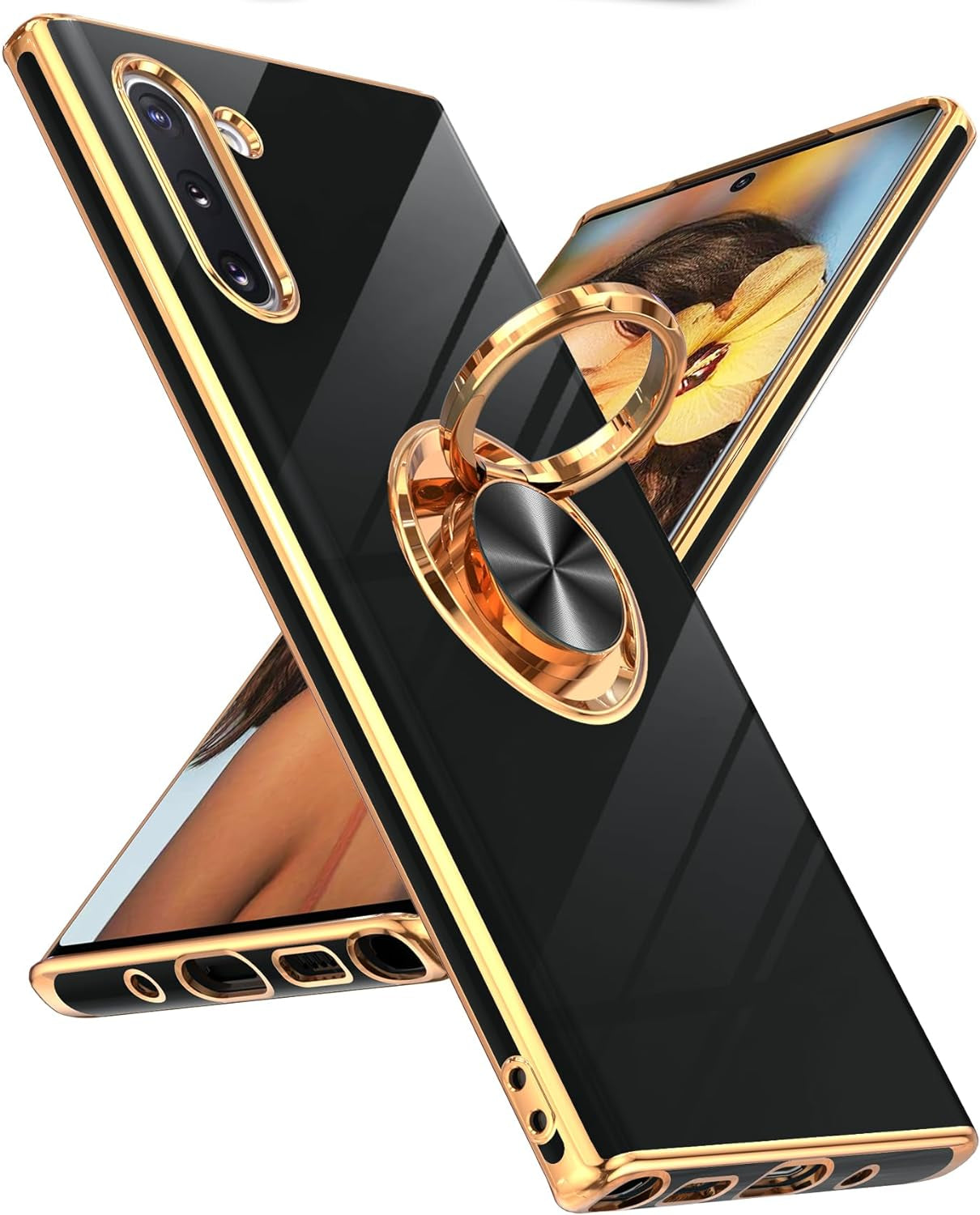 Leyi for Samsung Galaxy Note 10 Case 360° Rotatable Ring Holder Magnetic Kickstand, Plating Rose Gold Edge Protective Case [ Not Applicable Note 10 Plus], White  LeYi Black  