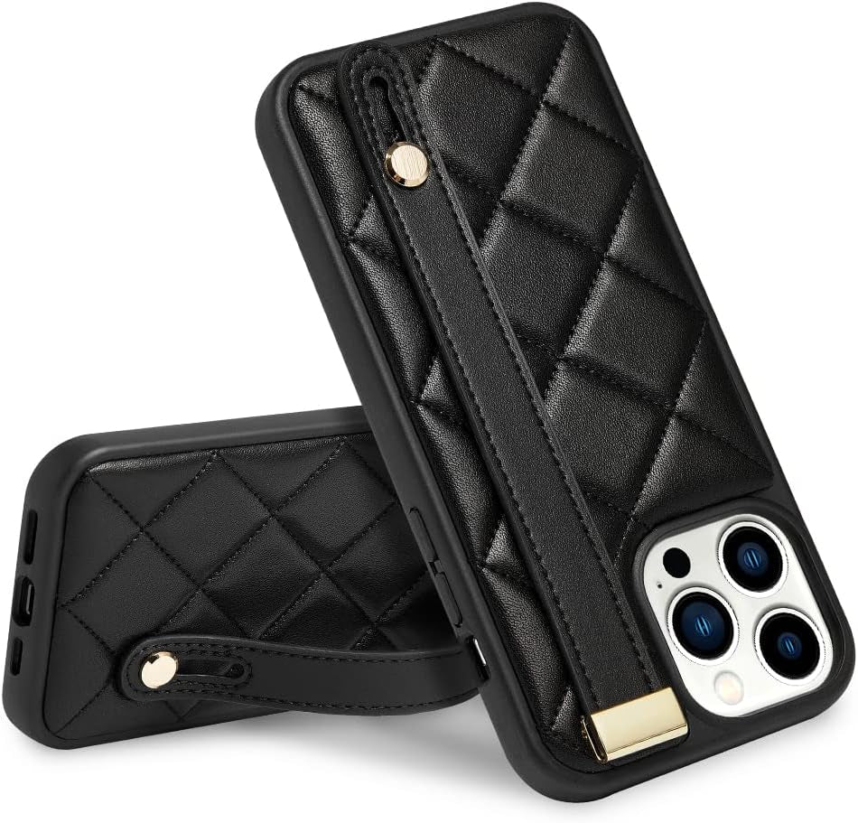 ZVE Iphone 11 Pro Stand Case Quilted Leather Cover, Shockproof Case with Kickstand for Women Strap Cover Case Compatible with Iphone 11 Pro, 5.8 Inch-Black  ZVE Black Iphone 14 Pro 6.1" 