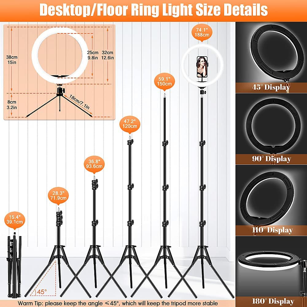 12.6'' Ring Light with Stand and Phone Holder: Totally 74" Tall Led Ringlight Tripod with 40 Color Modes, Floor and Desktop Stand with Circle Lights for Iphone Phone Makeup Video Meeting Live Stream  GerTong   