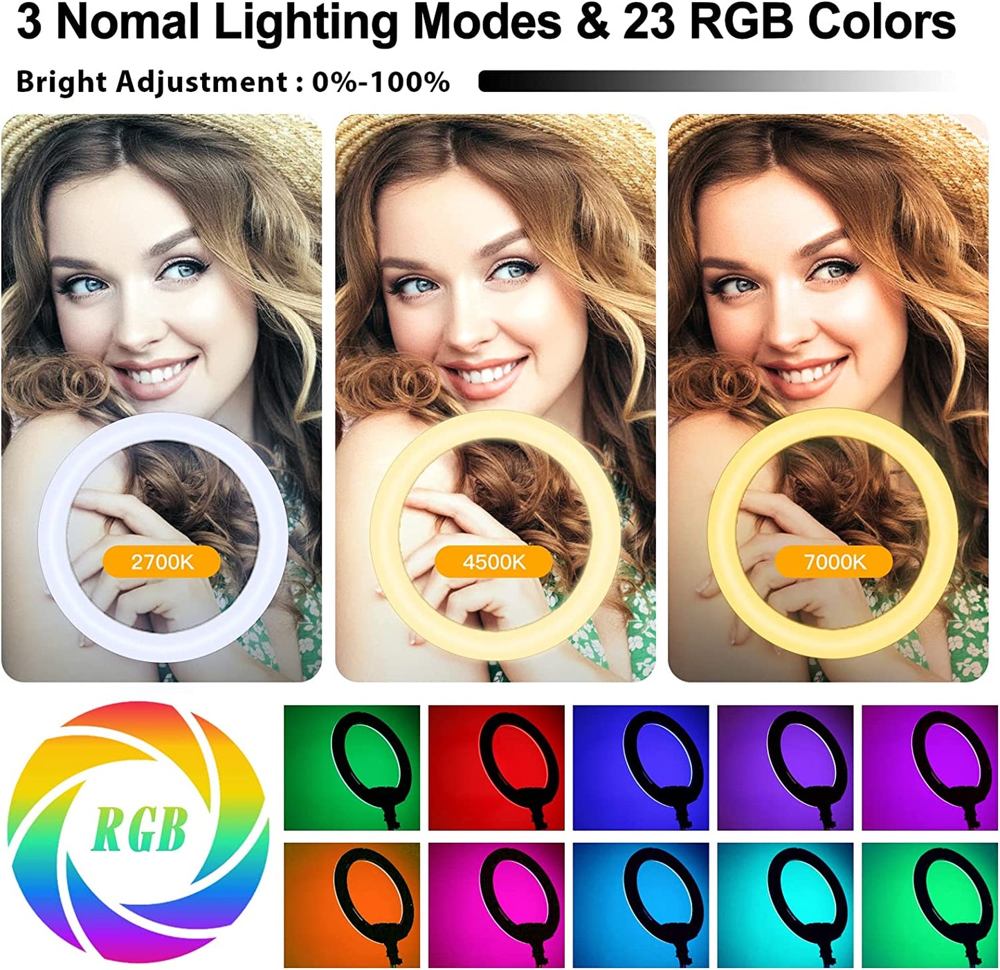 RGB Ring Light 18 Inch with Tripod Stand (2700-7000K) for Phone Camera Ipad Selfie Live Stream Youtube Tiktok Video Shooting Best Lighting Atmosphere Ringlight (18 Inch)  Auriani   