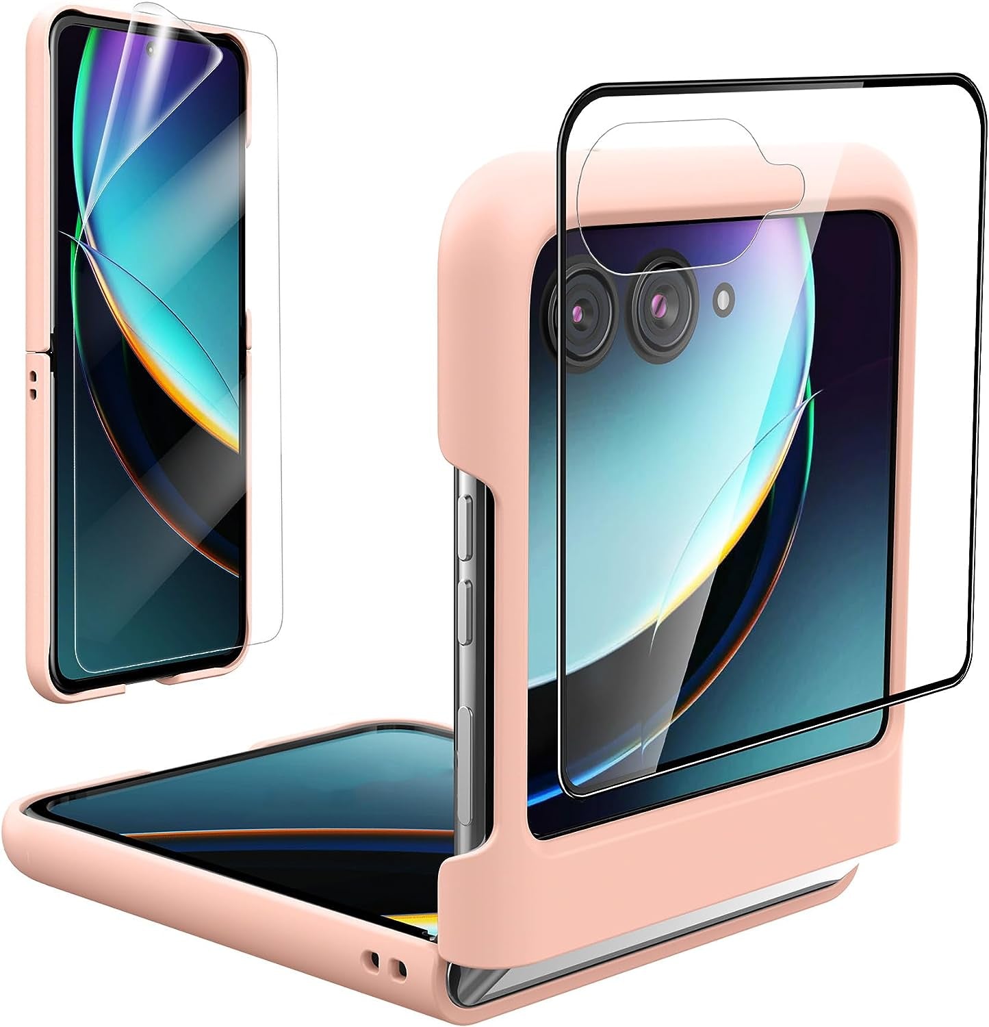 Foluu Slim Fit Case for Motorola Razr plus 2023, with 1 Pack Soft Inner TPU Moto Razr plus 2023 Screen Protector, 1 Pack Front Built-In Screen Protector, Matte PC Cover for Motorola Razr+ 2023 Blue  Foluu With Screen Protector-Pink  