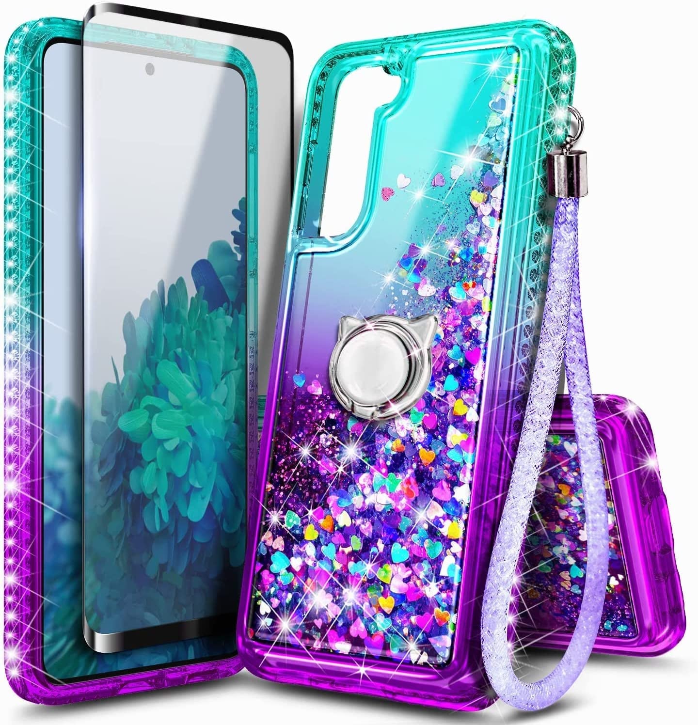 NGB Case for Samsung Galaxy S21 plus with Screen Protector (Maximum Coverage, Flexible TPU Film), Ring Holder, Girls Women Liquid Bling Sparkle Fashion Glitter Clear Cute Case (Pink/Aqua)  NGB Aqua/Purple  