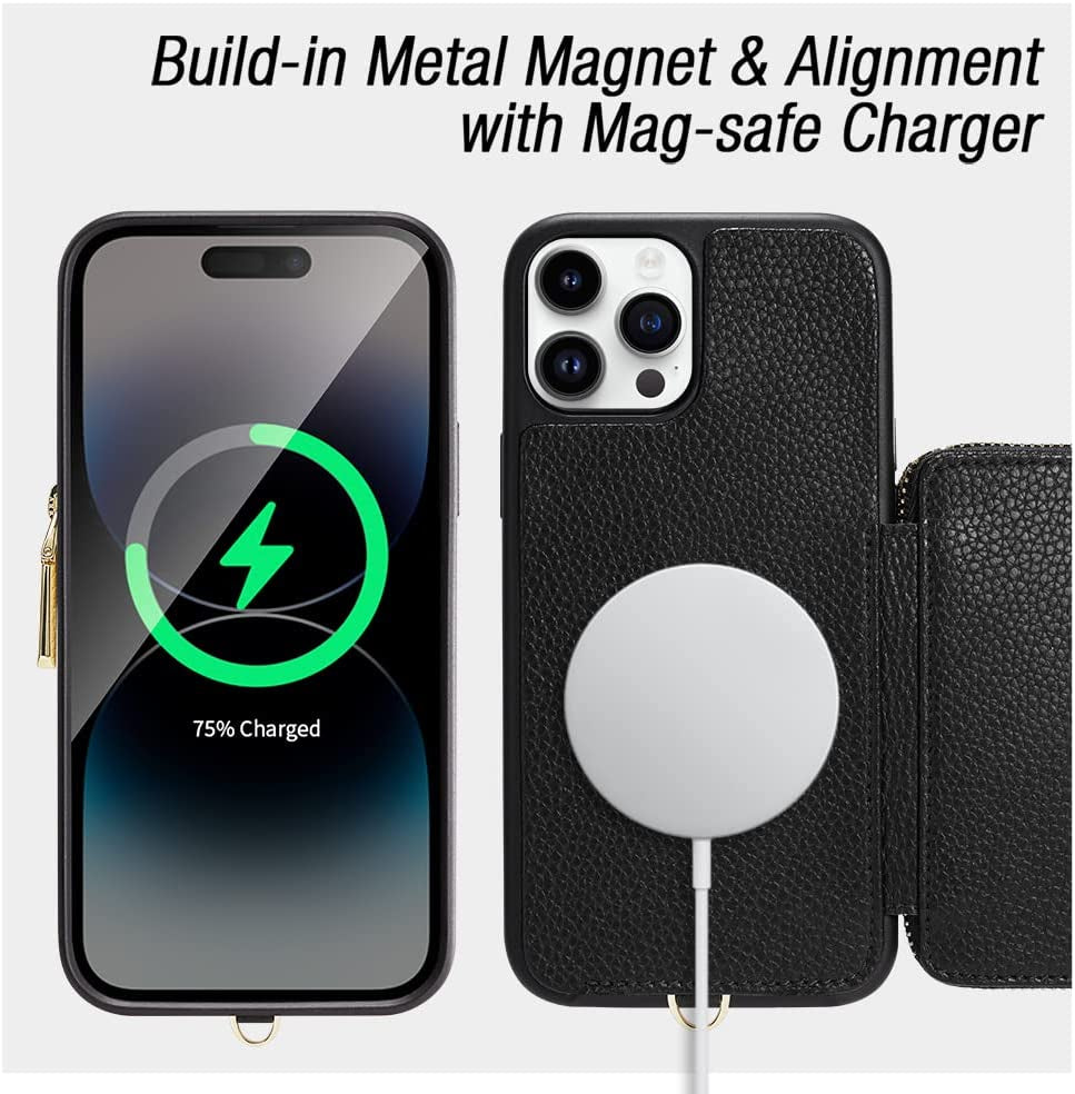 ZVE Wallet Case for Iphone 14 Pro Max 6.7 Inch, Magsafe Zipper Leather RFID Blocking Cards Holder Slots Case with Magnetic Wireless Charging, Protective Cover for Iphone 14 Pro Max 6.7"(2022)-Black  ZVE   