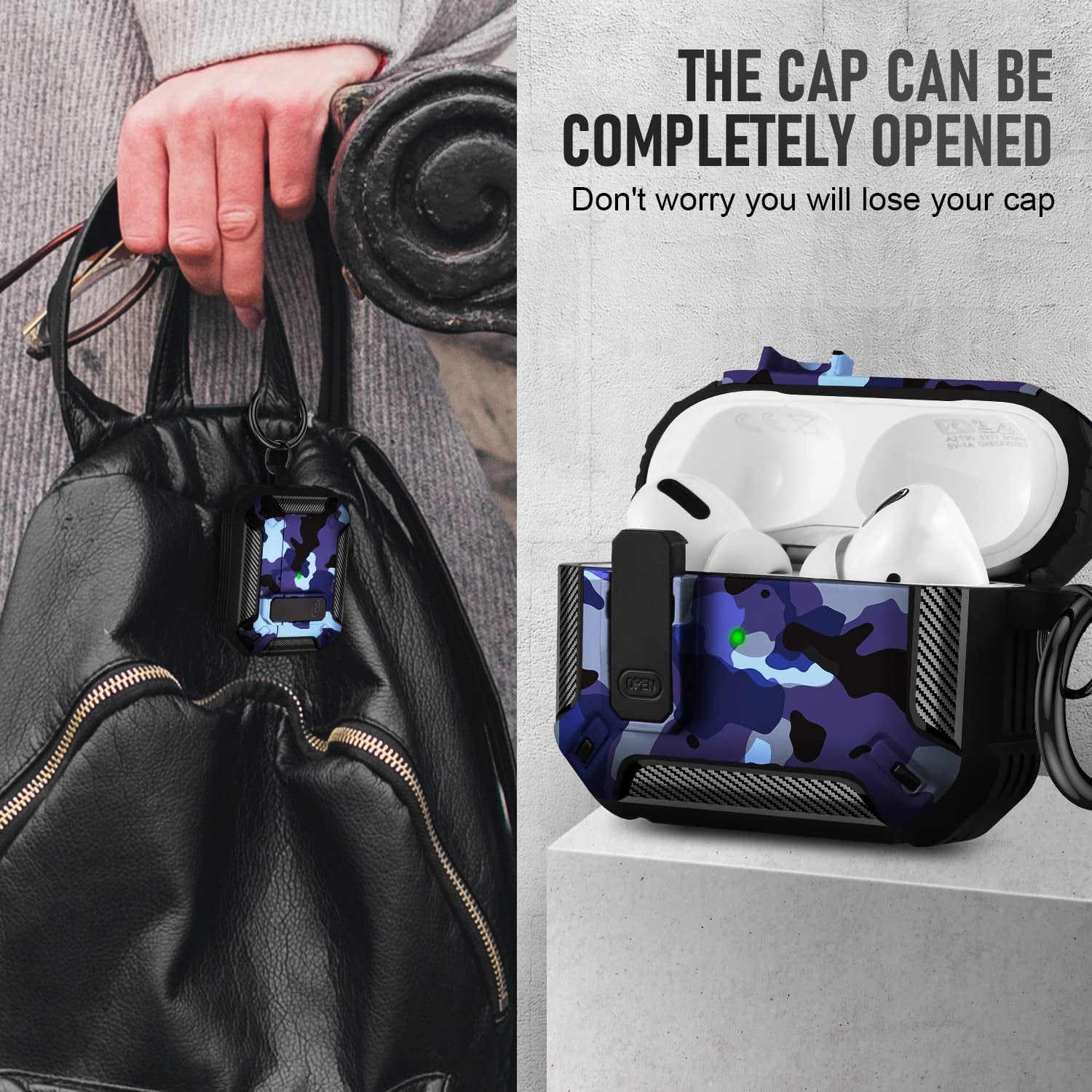 Youskin Airpod Pro Case Secure Lock Clip Case,Carbon Fiber Military Armor Series Full-Body Rugged Hard Shell Airpod Pro Case for Men Women with Keychain，Blue Camo  Youskin   