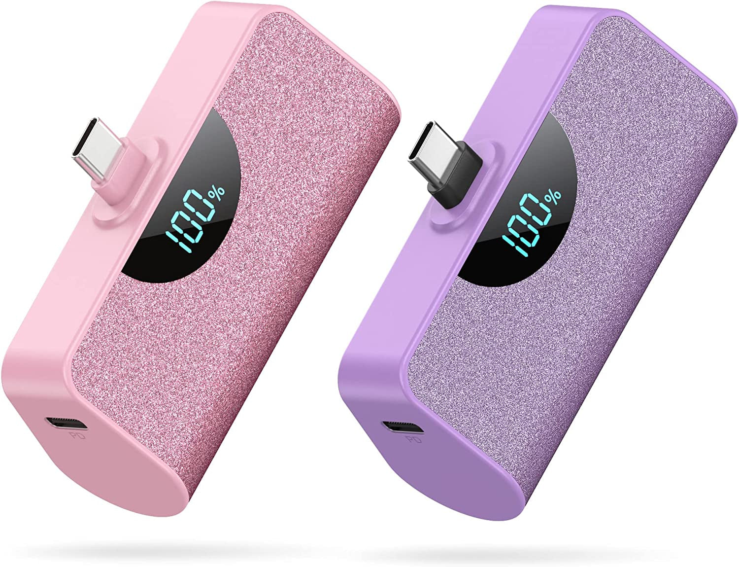 [2 Pack] Mini Portable Charger USB-C Power Bank 5200Mah,Lcd Display 15W PD Fast Charging Battery Pack Backup Charger Compatible with Samsung Galaxy S22/S21/S10/S9,Note 20/10,Moto,Lg,Android Phones Etc  Dongguan Yuanhaoxun Technology Co., Ltd Pink+Purple  