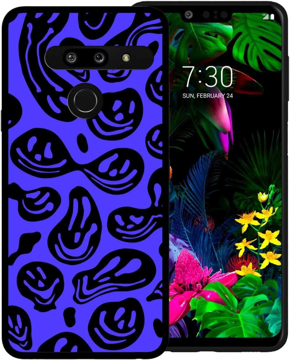 Zaztify Phone Case for LG G8 Thinq, Pastel Pink White Funny Trippy Dripping Smile Melted Hippie Smiling Skull Ghost Face Shockproof Protective Cover Shell  zaztify Blue-Black Trippy Face  