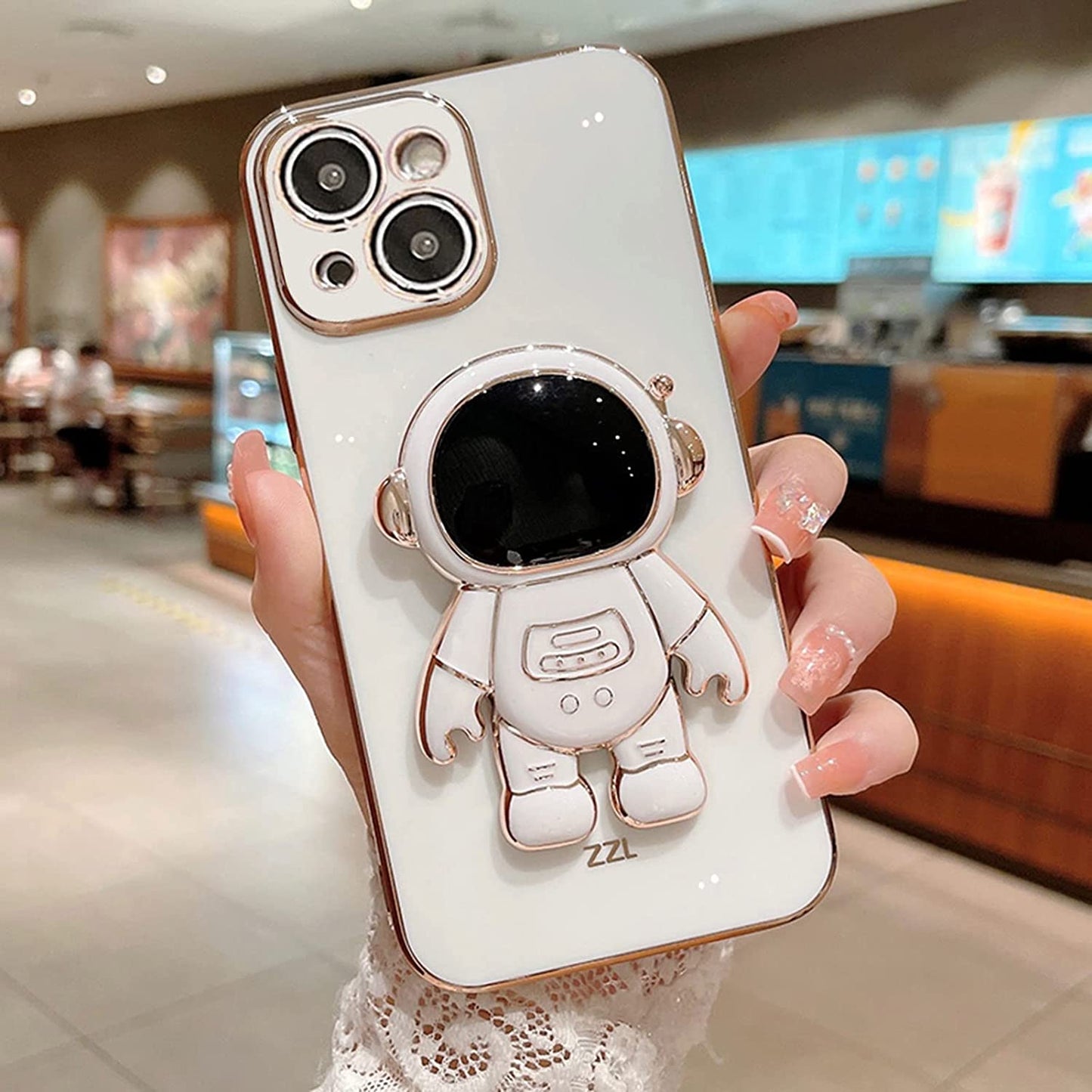 AIGOMARA 6D Plating Astronaut Hidden Stand Case Cover for Iphone 14 plus Women Astronaut Folding Bracket Kickstand Iphone Case with Camera Protector Soft TPU Shockproof Bumper 6.7 in 2022 - Purple  AIGOMARA White  