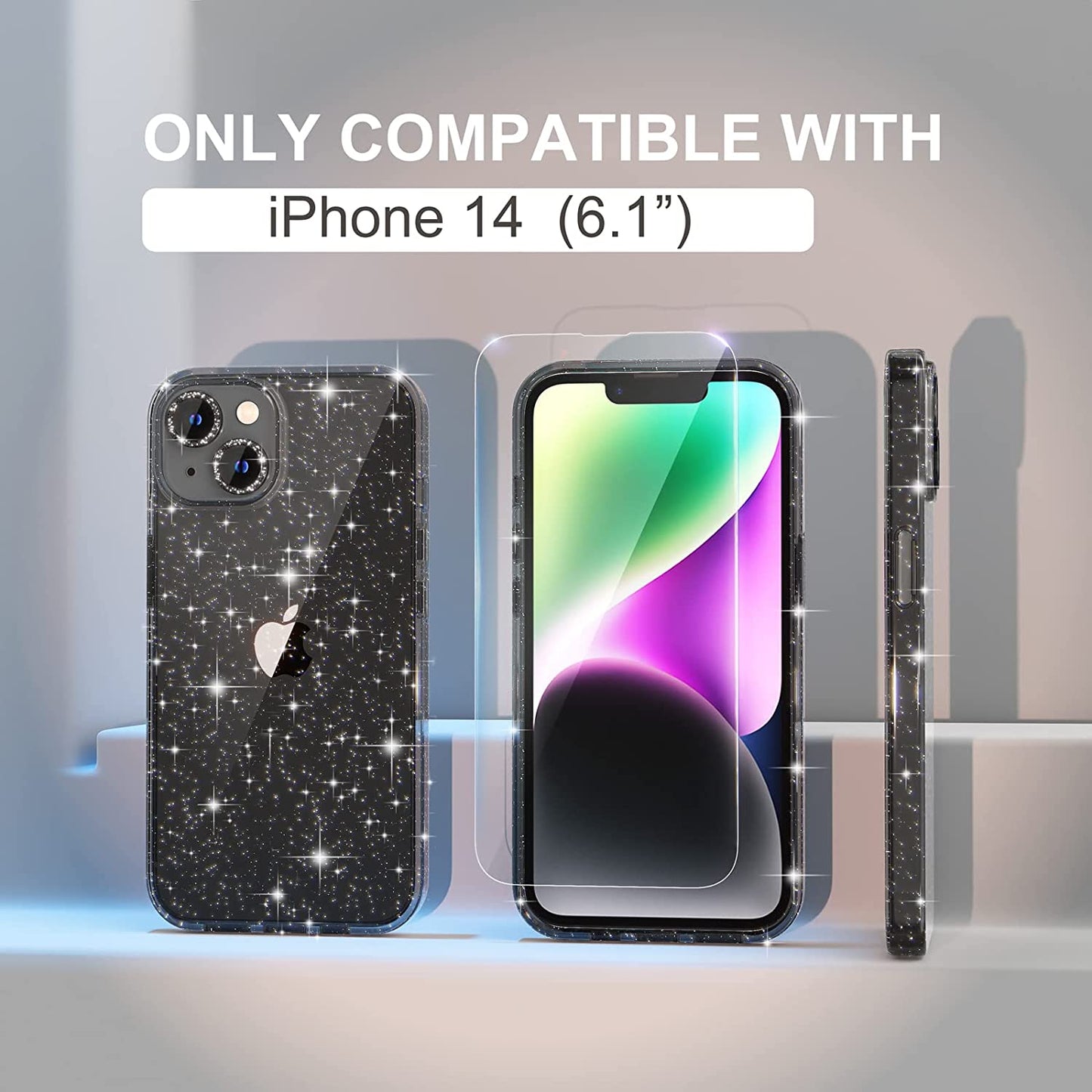 Choiche Compatible for Iphone 14 Case Cute, Women Clear Glitter Bling Sparkly Case, [2 X Diamond Camera Lens Protectors] [2 X Tempered Glass Screen Protectors] 6.1-Inch (Glitter Black)  Choiche   