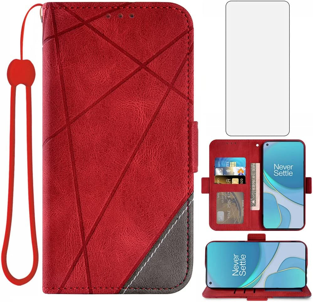 Compatible with Oneplus 8T Oneplus8T plus 9R 5G Wallet Case and Tempered Glass Screen Protector Flip Cover Card Holder Phone Cases for One Plus8T5G on 1 plus 8Tplus 1Plus 8T+ One+ 1+ 1+8T Pro G5 Black  Asuwish Red  