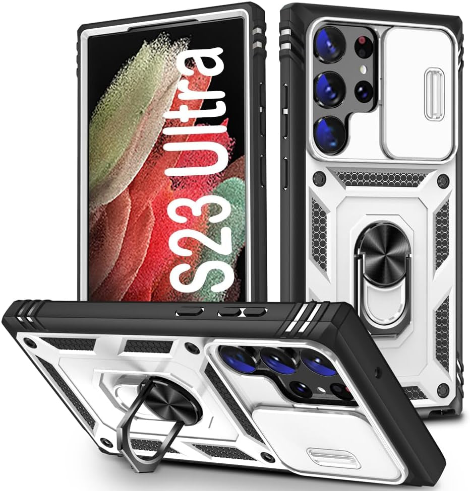 PASNEW for Samsung Galaxy S21 Ultra Case,Finger Ring Kickstand & Camera Cover Slide & Charge Port Dust Plug,Military Heavy Duty Full Body Shockproof Protective Hard Shell S21Ultra,6.8 Inch,Pink  PASNEW White Samsung Galaxy S23 Ultra【6.8"】 