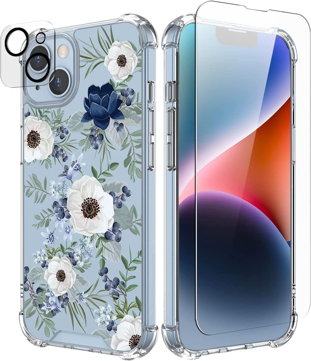 Cutebe [3 in 1 Crystal Phone Case for Iphone 13(2021)/Iphone 14(2022) 6.1", Cute Protective Cover with 9H Temper Glass Screen Protector + HD Temper Camera Lens Protector for Women, Girls  Cutebe iPhone 13/14-Blue and White Floral iPhone 13/14 Case 6.1 Inch 