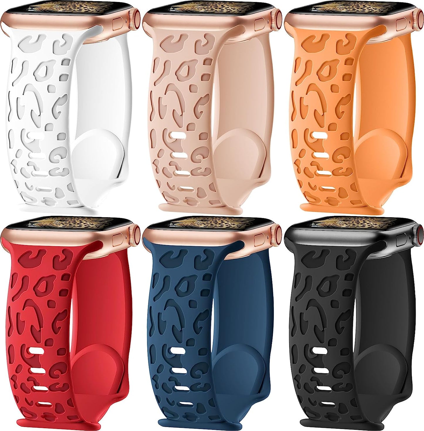 6 Pack Leopard Engraved Bands Compatible with Apple Watch Band 40Mm 44Mm 38Mm 45Mm 49Mm 42Mm Women Men,Waterproof Cheetah Sport Silicone Strap Wristbands for Iwatch SE Ultra Series 8 7 6 5 4 3 2 1  HEARTBOOM D-Black/White/Milk Tea/Marigold/Red/Abyss Blue 42mm/44mm/45mm/Ultra 49mm 