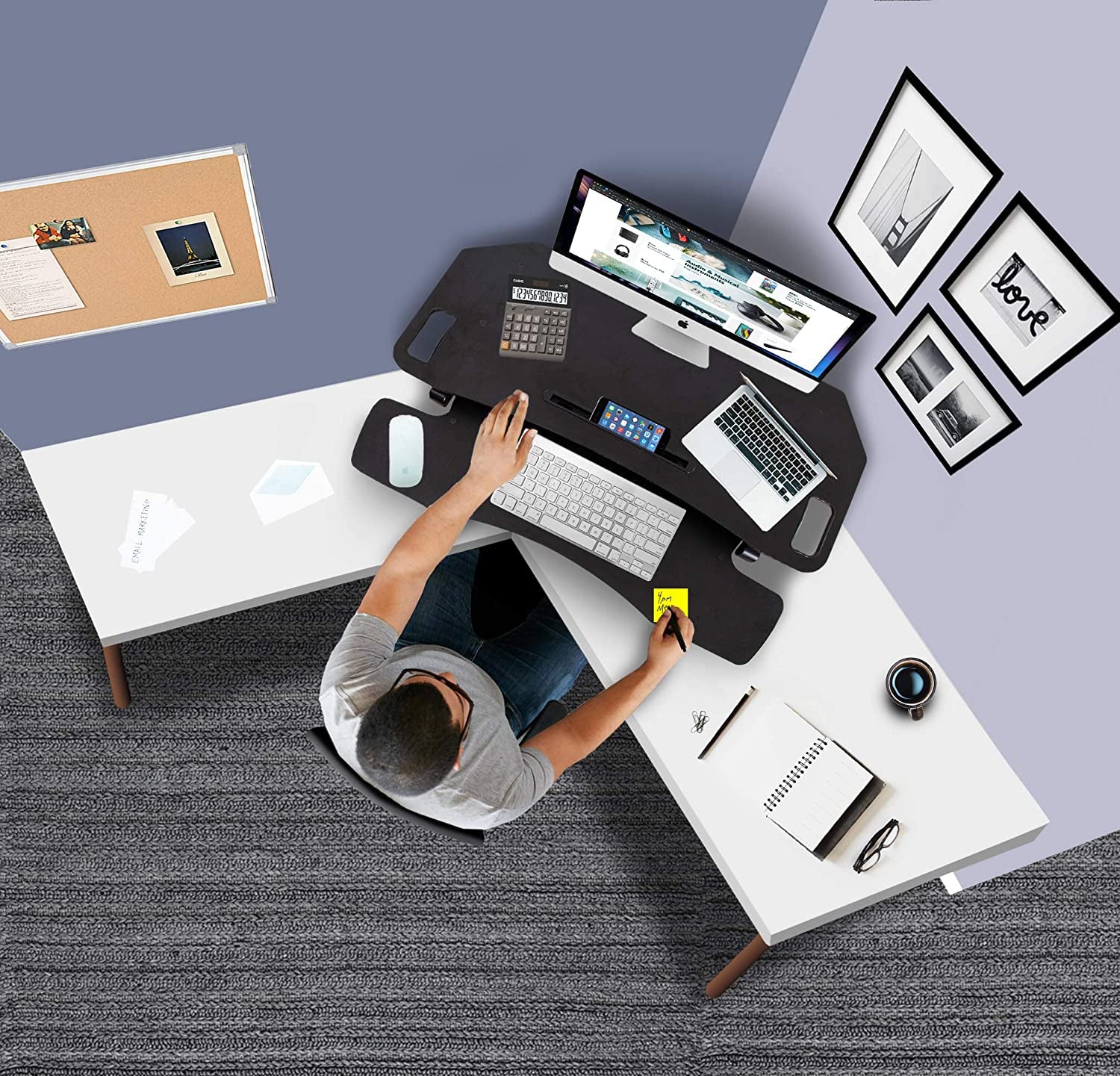 Flexpro Hero Corner Standing Desk Converter 37 Inch | Great for Cubicles & L-Shaped Desks | 2 Level Sit to Stand Workspace with Keyboard Shelf & Monitor Riser | Easily Sit or Stand (Black / 37 )  Stand Steady   