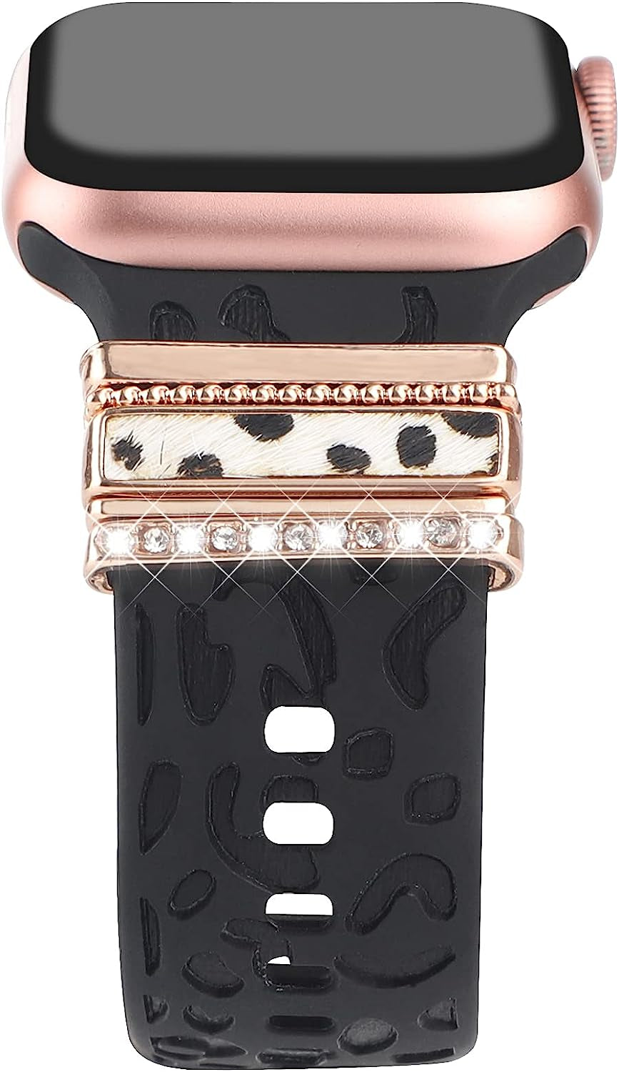 Decorative Rings Loops Compatible with Apple Watch Silicone Bands Charms 45Mm 44Mm 42Mm 41Mm 40Mm 38Mm Iwatch Series 8 7 6 5 4 3 2 1 Watchband Metal Diamond Charms Accessories (No Band)  FERJITGR Leopard print rose gold  