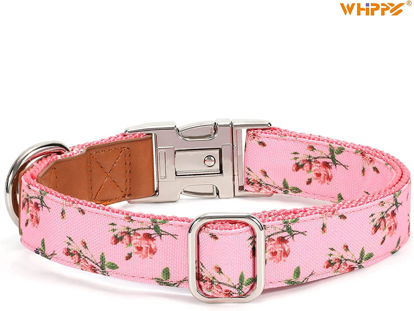 WHIPPY Girl Floral Dog Collar Cute Pink Flower Print Puppy Collar Adjustable Heavy Duty Nylon Collar with Metal Buckle Soft Comfortable Collar for Small Medium Large Dog Pet,M,Flower Pink  WHIPPY   