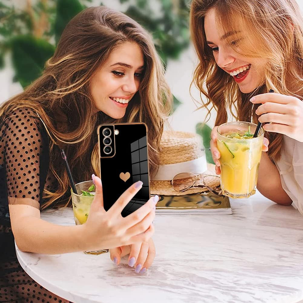 Bonoma Compatible with Samsung Galaxy S21 Case Love Heart Plating Electroplate Luxury Elegant Case Camera Protector Soft TPU Shockproof Protective Corner Back Cover Galaxy S21 Case -Black  Bonoma   