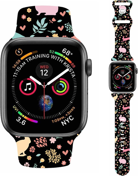 Easter Theme Bunny Rabbit Eggs Pattern Bands Compatible with Apple Watch 38Mm 40Mm 41Mm 42Mm 44Mm 45Mm 49Mm, Soft Silicone Sports Wristband Strap for Iwatch SE & Series 8/7/6/5/4/3/2/1  HYHMXB   