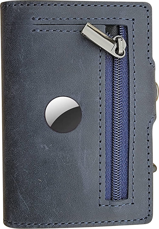 TNE Airtag Wallet Genuine Leather Credit Card Money Holder for Men | RFID Blocking | Automatic Popup Mini Aluminum Bifold Slim Zipper Coin Pocket Airtag Case Mens Wallets Air Tag Cover (Blue)  Thepricesright4u   