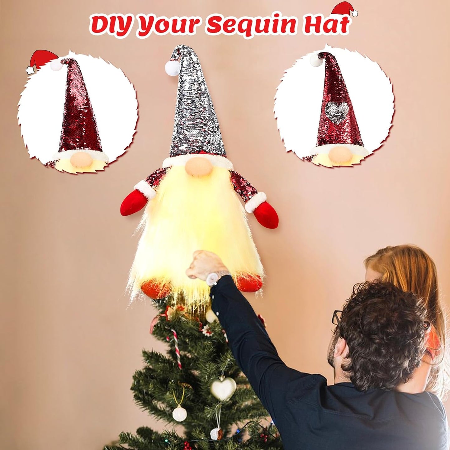 Fortuning'S JDS Gnome Christmas Tree Topper with Light, 21" Gnome Decorations with DIY Reversible Sequin Hat as Christmas Tree Ornaments Holiday Home Decor  Fortuning's JDS   