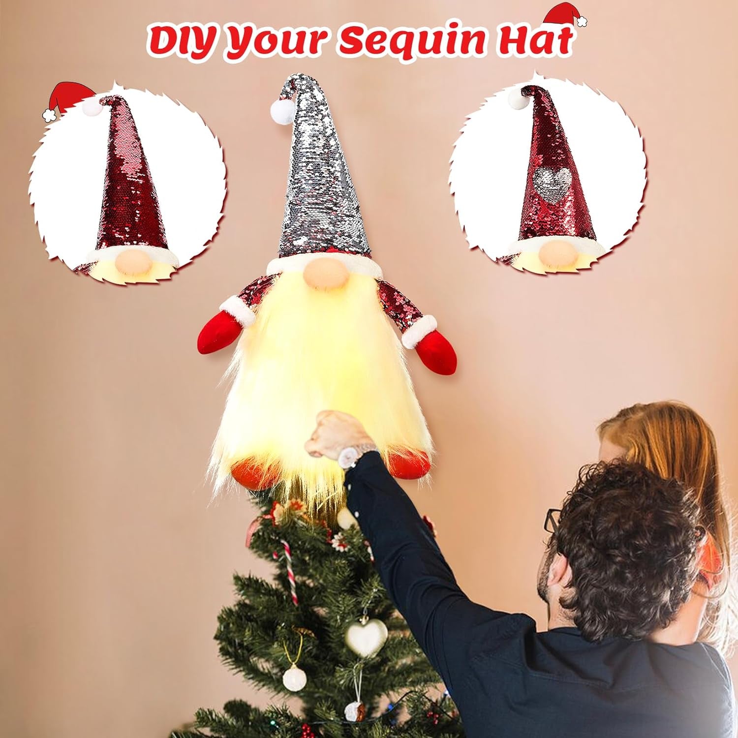 Fortuning'S JDS Gnome Christmas Tree Topper with Light, 21" Gnome Decorations with DIY Reversible Sequin Hat as Christmas Tree Ornaments Holiday Home Decor  Fortuning's JDS   