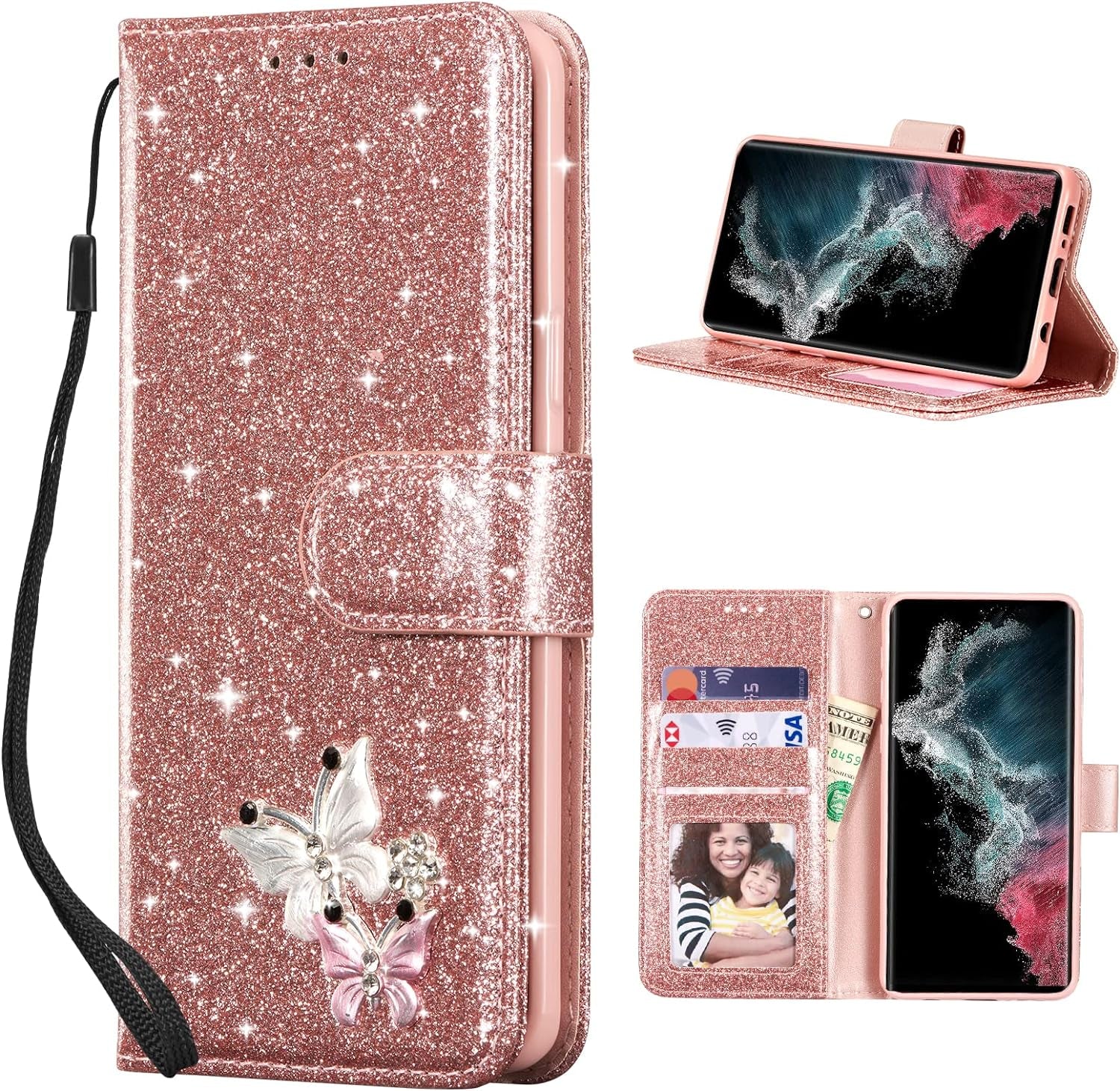 UEEBAI Wallet Case for Samsung Galaxy A53 5G, Premium Glitter PU Leather Phone Case Card Slots Kickstand Case Magnetic Closure Bling Handbag Case Shockproof Hand Strap Flip Cover - Glitter Purple  UEEBAI Rose Gold Samsung Galaxy S21 Ultra 5G 