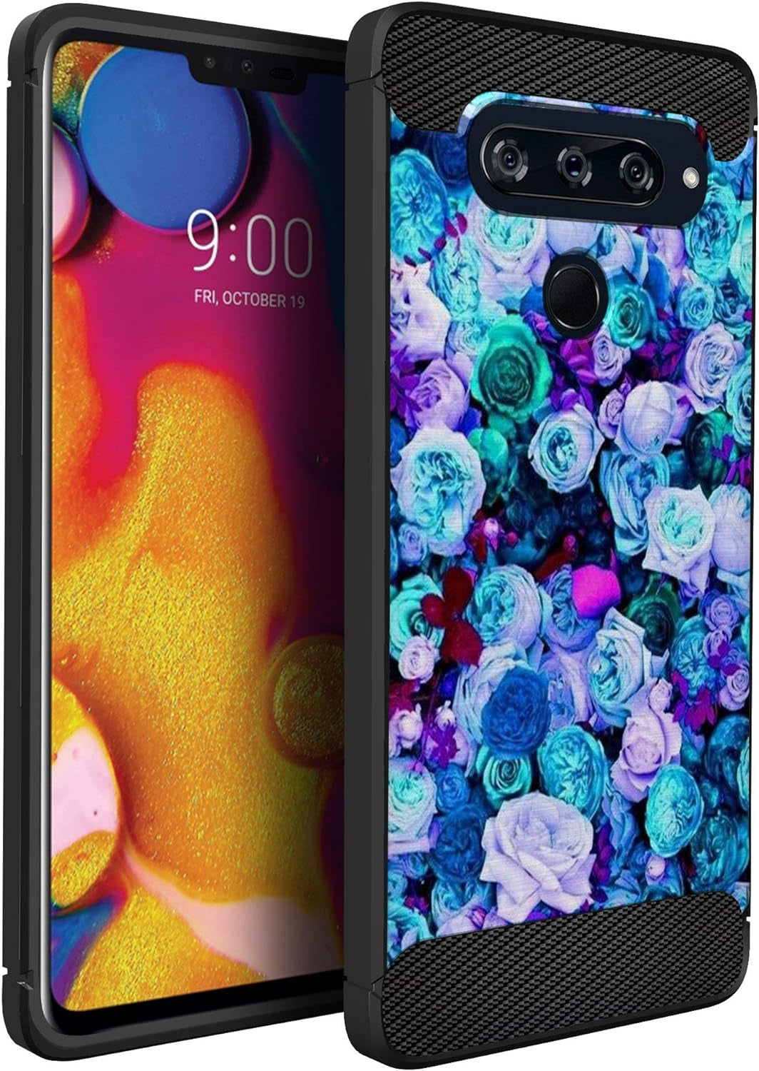 Casesondeck Fitted Case Compatible with [LG V40 Thinq] Carbon Fiber Accents Bump and Drop Protecting Flexible TPU (Blue Digital Camo)  CasesonDeck Blue Roses  