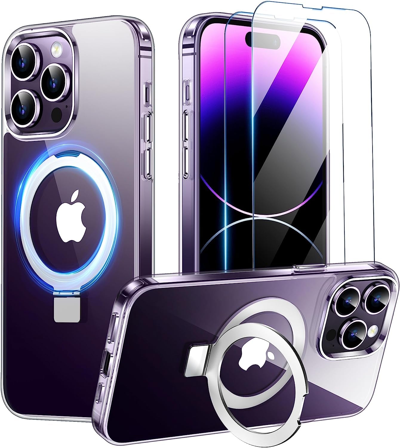 SPIDERCASE for Iphone 14 plus Case with Magnetic Invisible Stand,[Compatible for Magsafe][Military Grade Shockproof][2 Pack Tempered Glass Screen Protector] Translucent Matte Phone Case, Black  SPIDERCASE Clear Iphone 14 Pro 