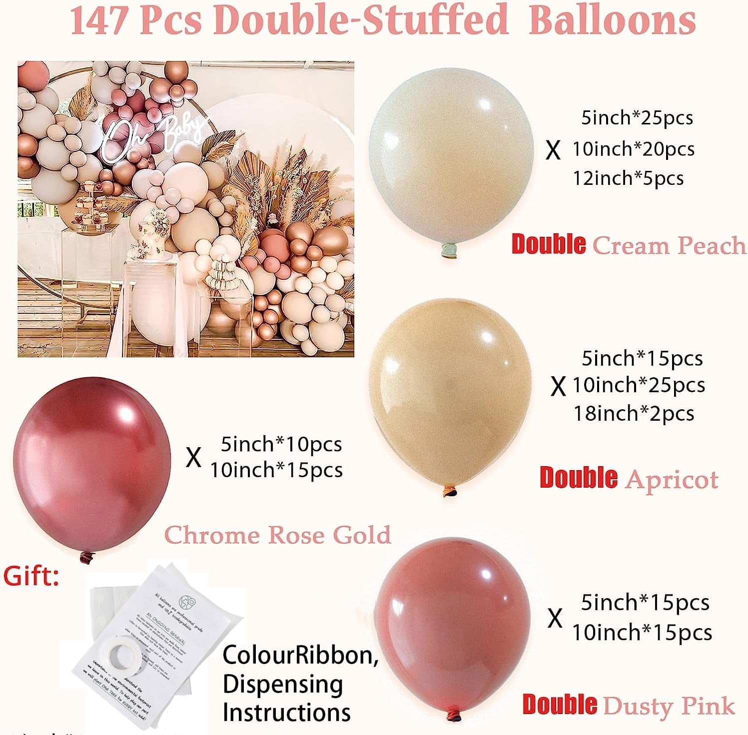 Boho Balloon Garland Arch Kit 147Pcs Blush Pastel Pink Balloon Garland Double Stuffed Dusty Rose Balloon Garland Chrome Rose Gold Balloons for Birthday Baby Shower Bridal Wedding Party Decorations  Lattua   