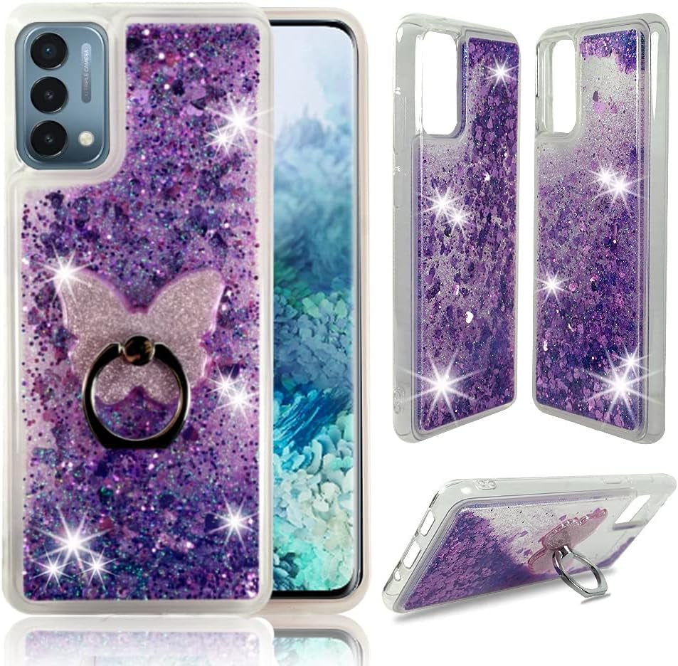 Zase Design Clear Case for Oneplus Nord N200 5G Liquid Glitter Sparkle Bling Cute Girls Women Protective Flexible Soft Cover Floating Quicksand W/Phone Ring Holder Stand (Teal Blue)  Zase Purple  