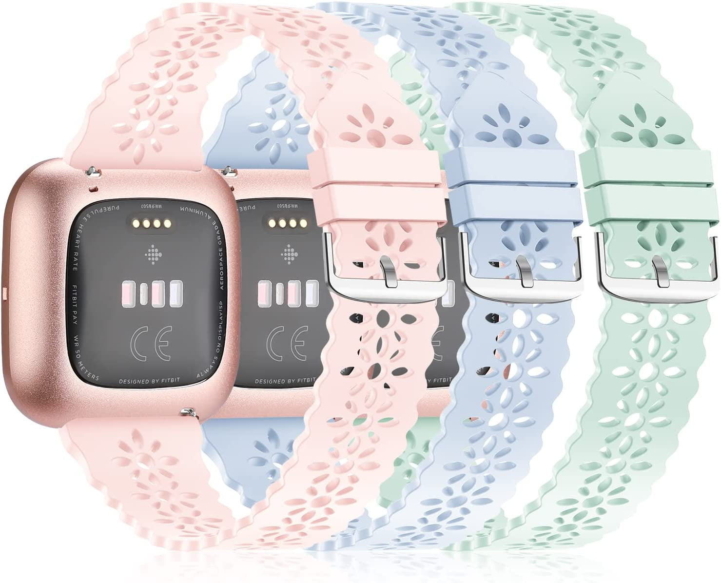 YAXIN 3 Pack Slim Sport Bands Compatible with Fitbit Versa/ Versa 2/ Versa Lite Band for Women,Soft Silicone Lace Replacement Wristbands for Smart Watch,Black/White/Pink Sand  YAXIN J-Pink Sand/Light Blue/Light Green  