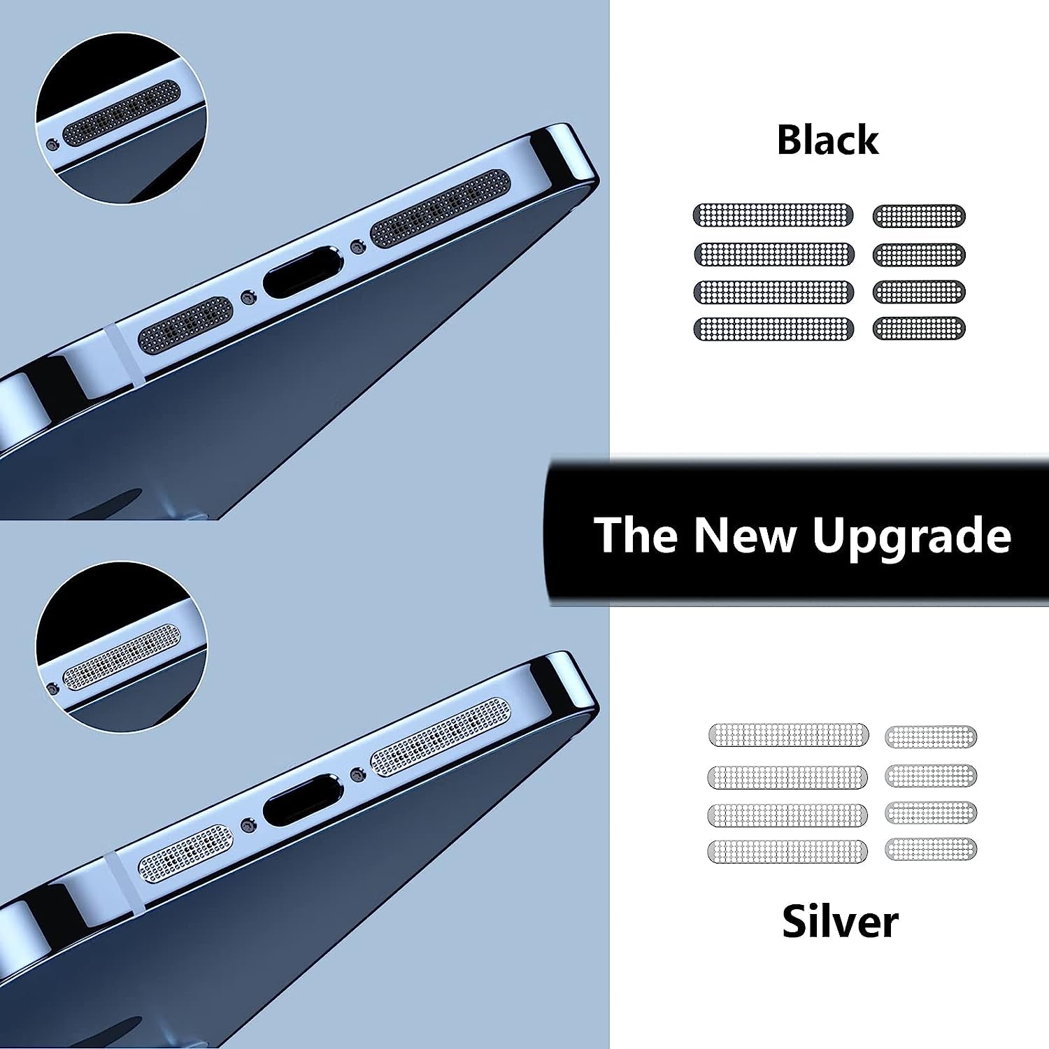 16 PCS Iphone Metal Speaker Dust Cover (8PCS Black and 8PCS Silver) 2PCS Iphone Metal Dust Plug 10PCS Silicone Dust Plugs,With Cleaning Tools Compatible Iphone 12/13 /14 Pro/Pro Max/Iphone Series  Pohgelan   