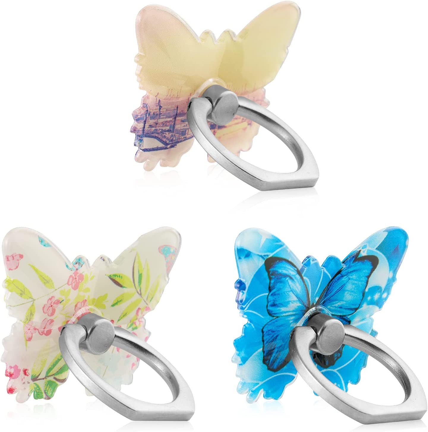 LSL Cute Butterfly Cell Phone Ring Holder 360°Rotation Metal Finger Stand Kickstand Universal Compatible with Iphone Samsung Galaxy LG Google Pixel Ipad Three Pack Pink Blue Purple Pretty Butterfly  LSL Floral Blue Landscape Pattern  