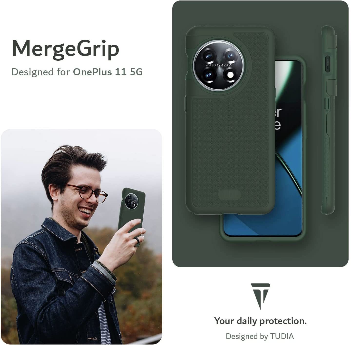 TUDIA Dualshield Grip Designed for Oneplus 11 Case 5G (2023), [Mergegrip] Dual Layer Shockproof Slim Military Grade Non-Slip Tough Heavy Duty Protective Phone Case Cover (Pine Green)  TUDIA   