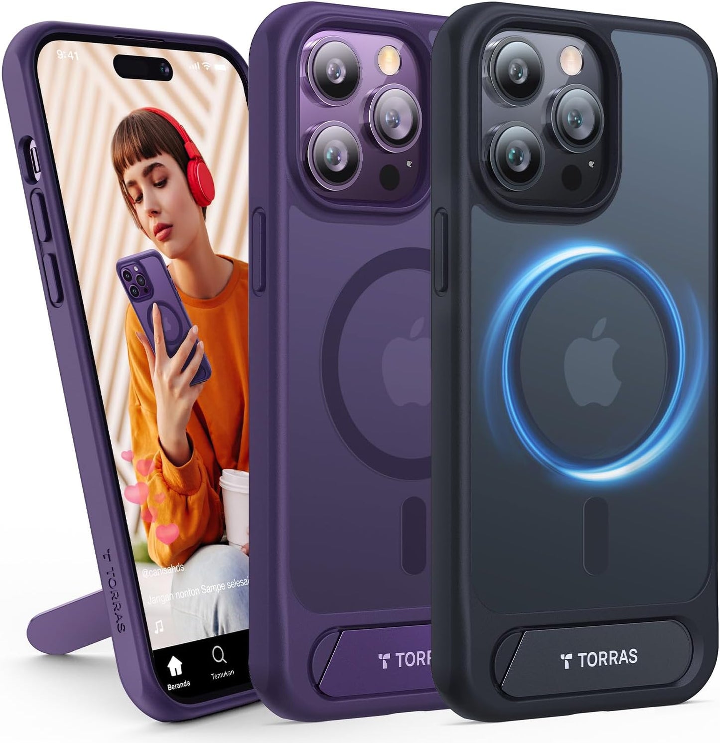 TORRAS Stronger Magnetic for Iphone 14 Pro Max Case with Stand, Compatible with Magsafe, Built in Hidden Kickstand, 10FT Mil-Grade Drop Protection for Iphone 14 Pro Max Case, Translucent Matte Purple  TORRAS A-Black Iphone 14 Pro Max 