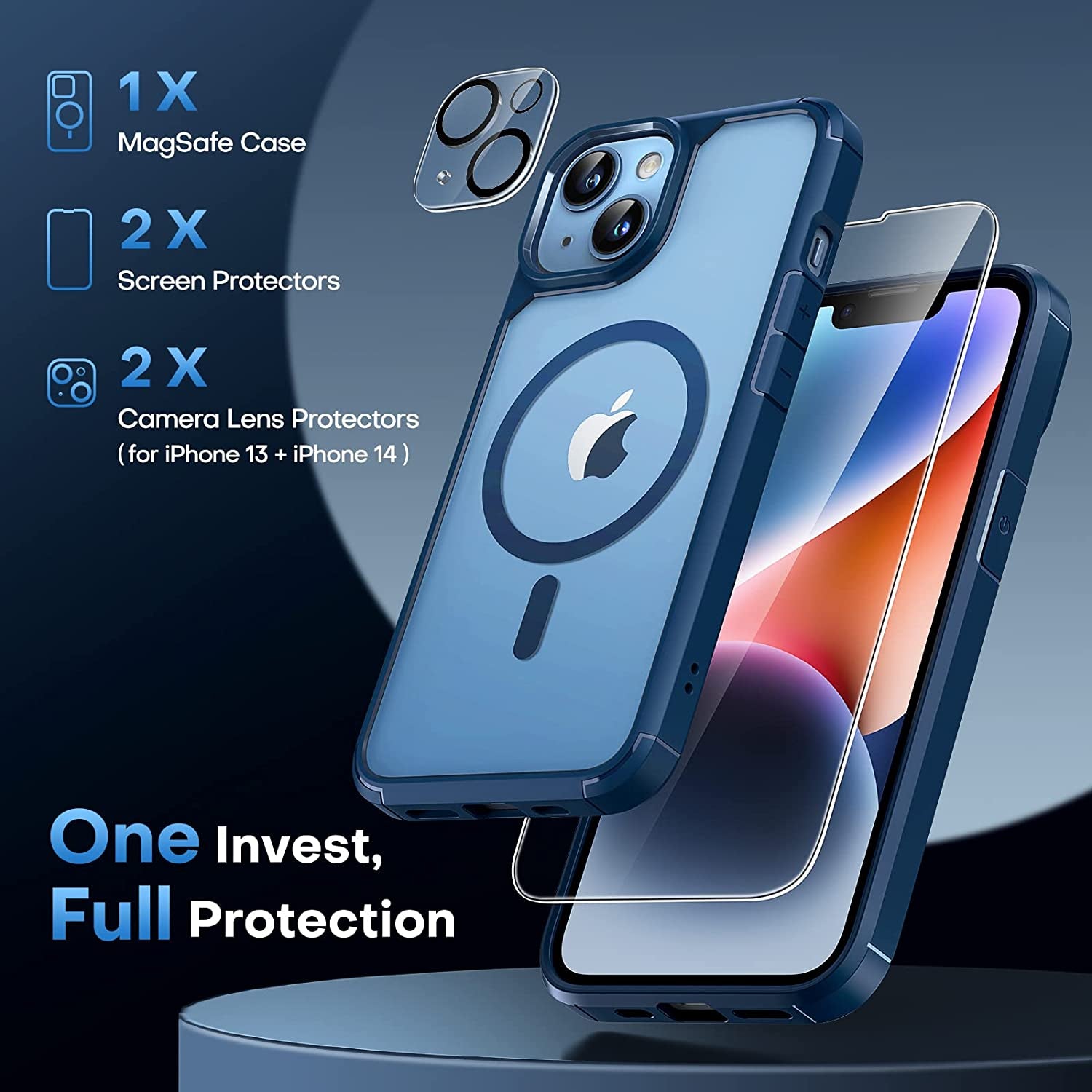 TAURI 5-In-1 Magnetic Designed for Iphone 13 for Iphone 14 Case, [Compatible with Magsafe] with 2 Screen Protector +2 Camera Lens Protector, Shockproof Phone Case for Iphone 13/14, Blue  TAURI   
